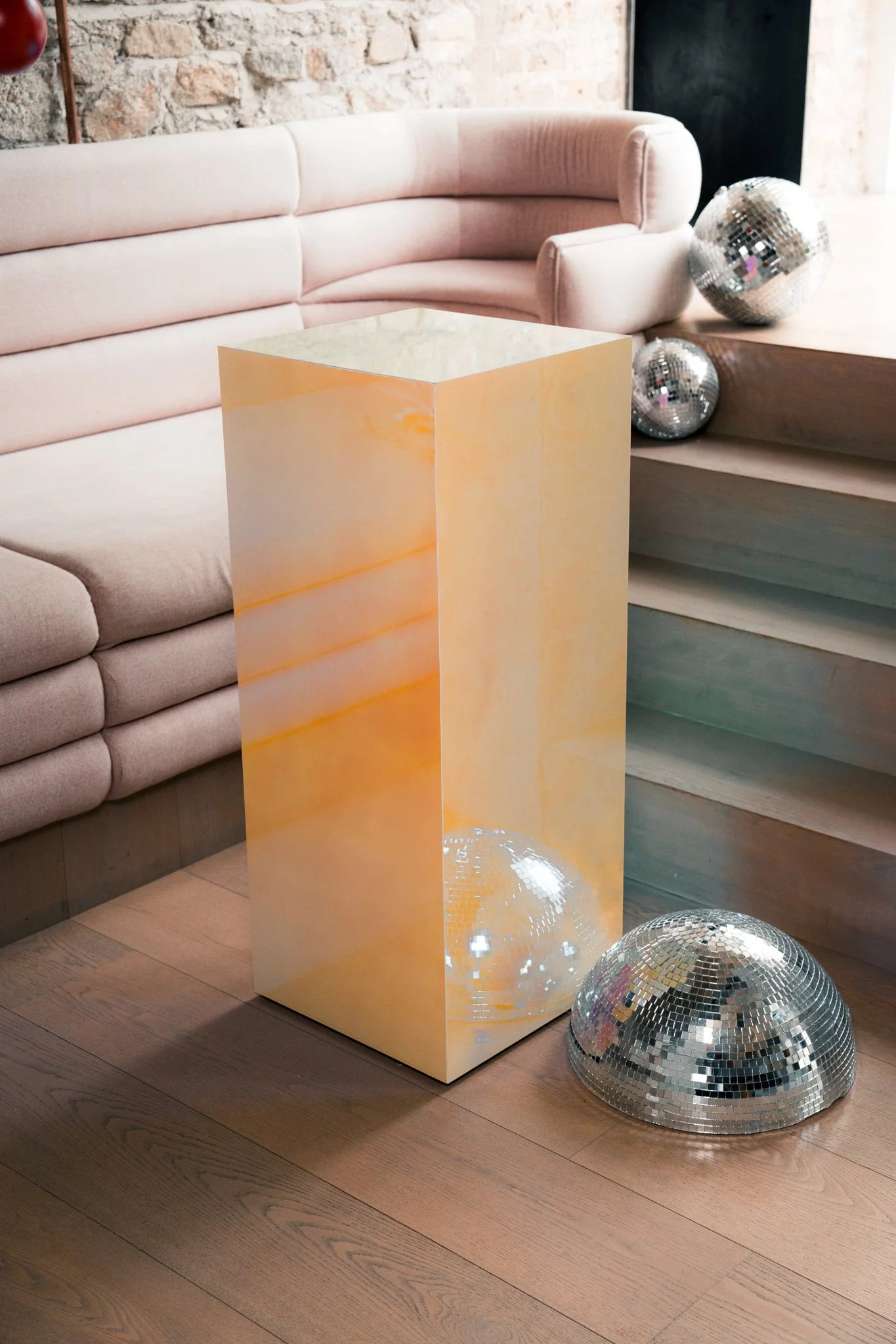 HIRE LOVE EVENT HIRE IRIDESCENT PRODUCT DISPLAY PLINTH ORANGE.jpg