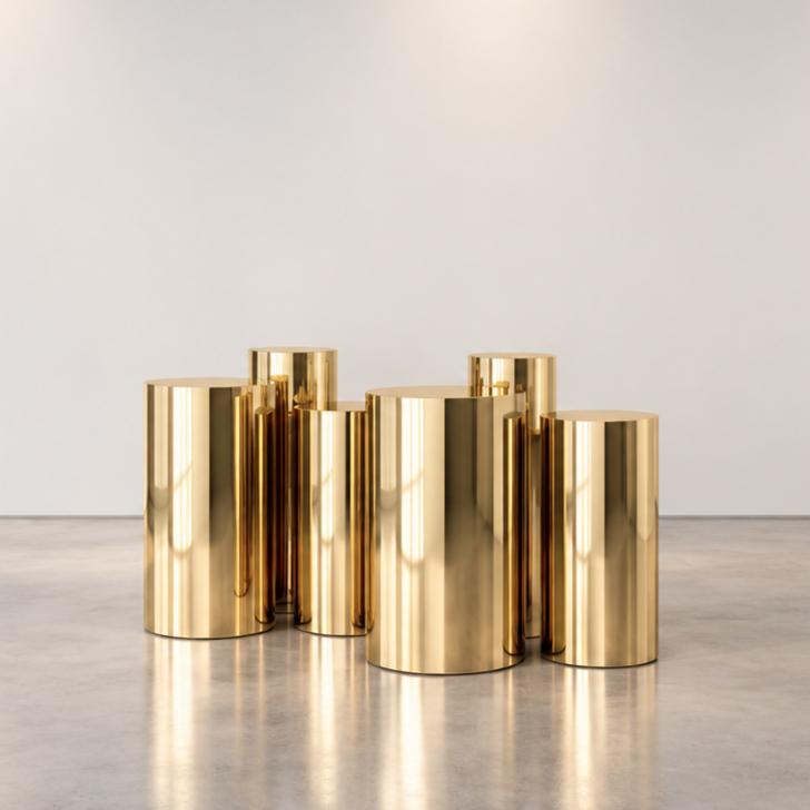Six+golden+mirror+plinths+in+a+gallery.png