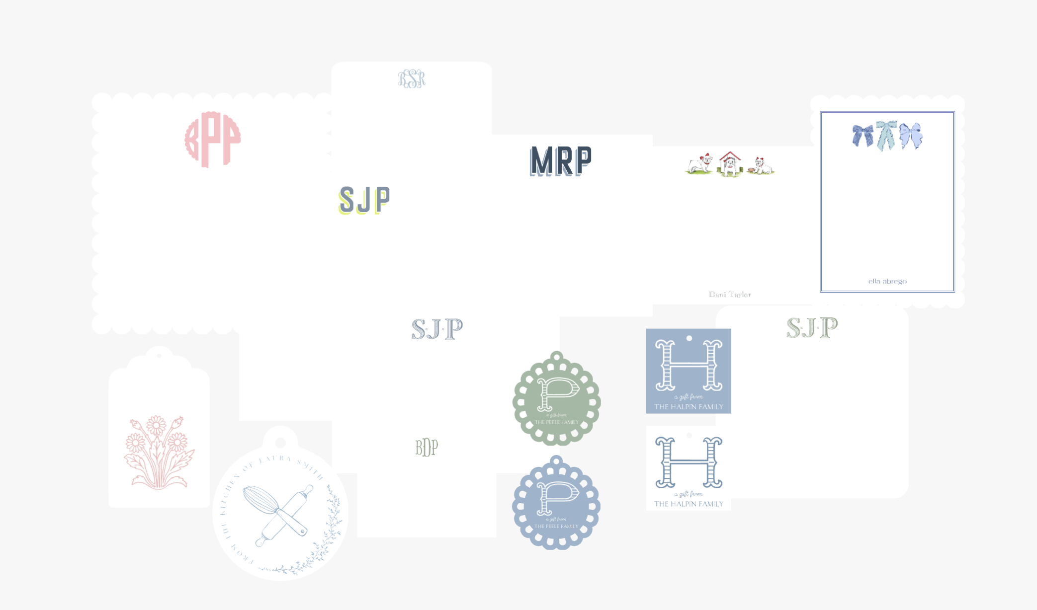 A digital collage of various pastel-colored illustrations and monograms, including flowers, a rolling pin, and family-themed designs, with a predominantly white background and scalloped borders.