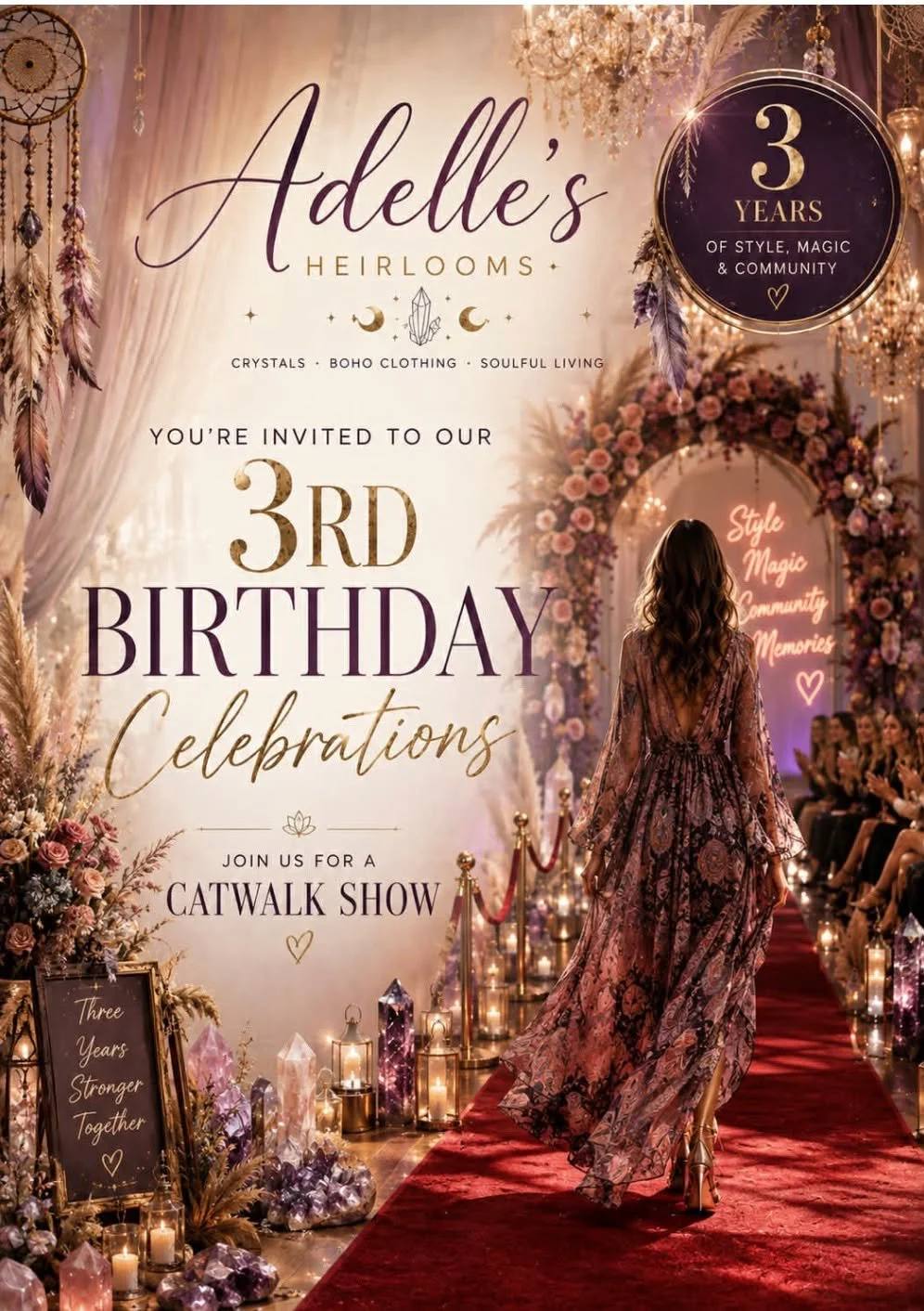 Invitation to Adelle's Heirlooms' third birthday event at Bunbury Forum on October 1st 2026