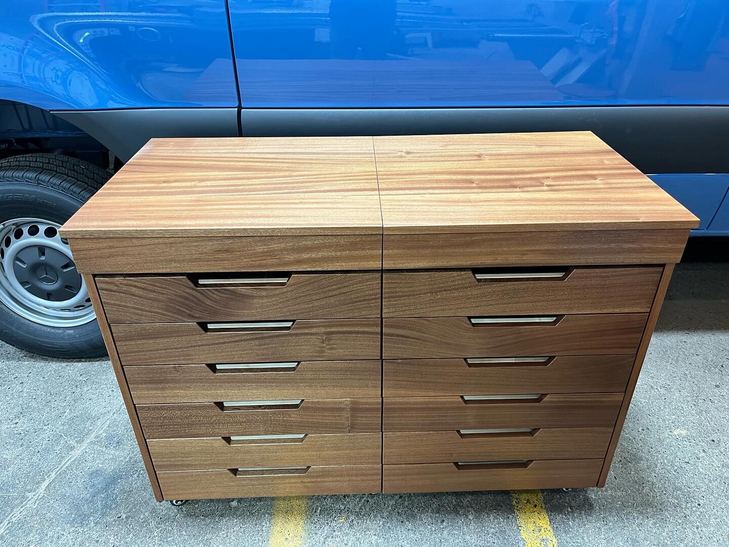 Custom taboret artist table we made for a past van build client. They liked the woods in their van we made for them so we decided to keep the mahogany and maple combination. 

We also included a Rembrandt style wet brush holder. The brushes rest in a