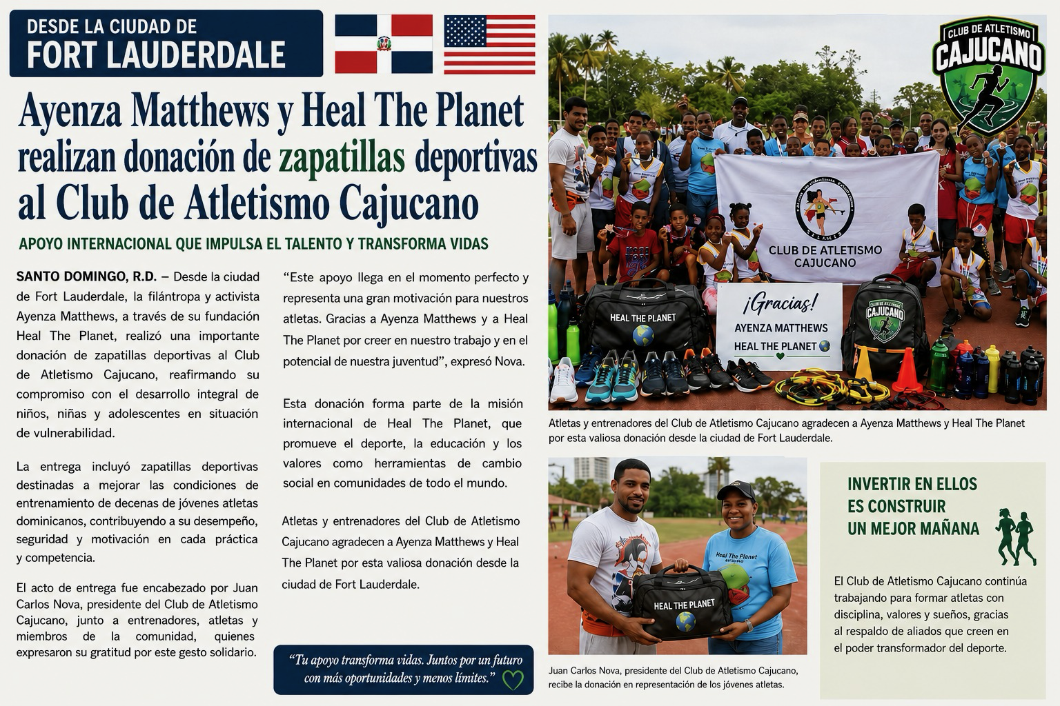 AYENZA MATTHEWS AND HEAL THE PLANET DONATE ATHLETIC SHOES TO CLUB DE ATLETISMO CAJUCANO
