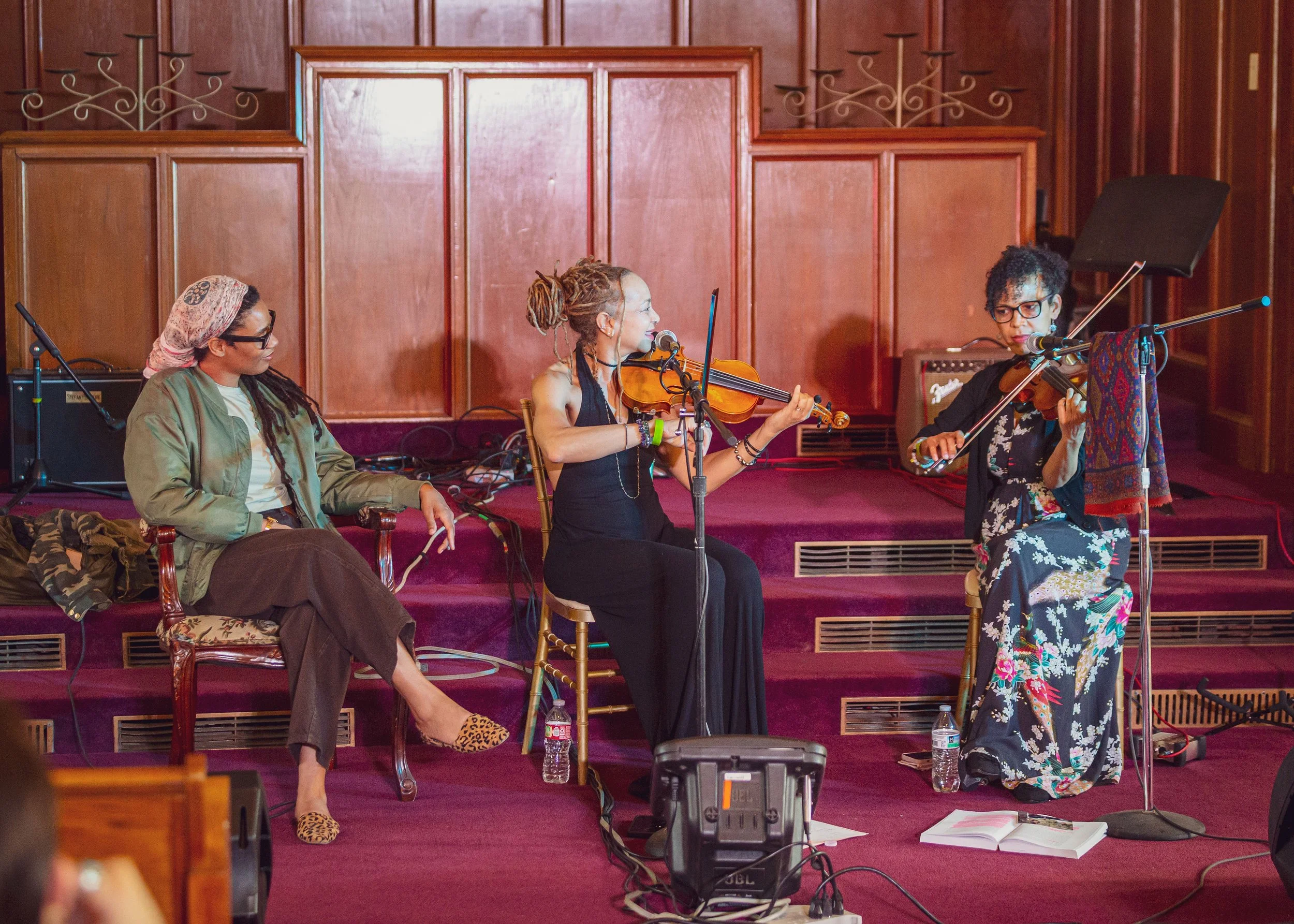 (From left to right) Amanda Ewing, Anne Harris, and Darcy Ford-James in their session "making violins, making history: Black women in Lutherie and Fiddle"