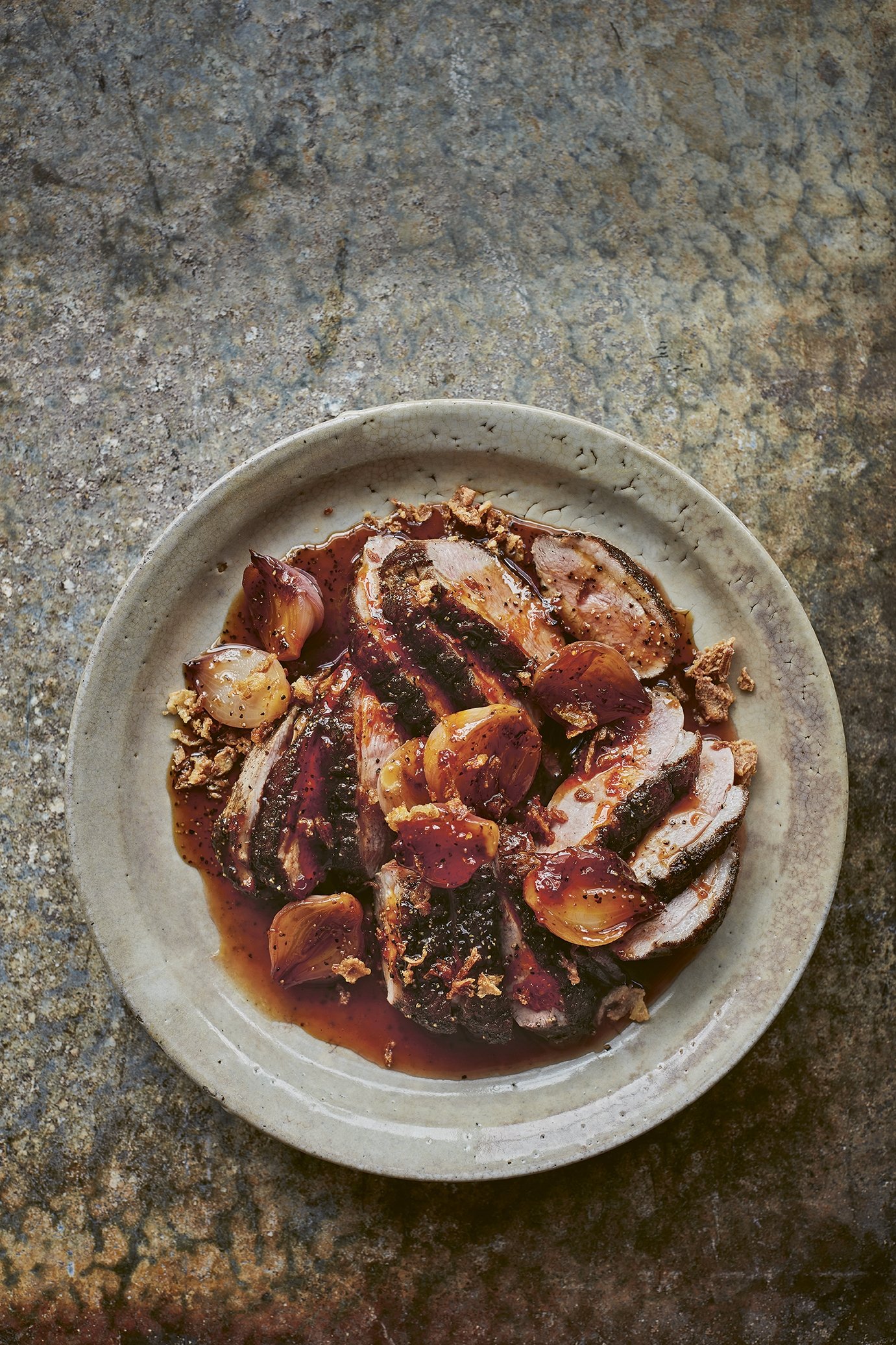 Salt and pepper five-spice duck in a clementine and onion soy sauce