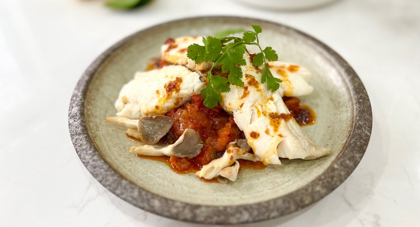 PAN-FRIED HAKE IN VIETNAMESE TOMATO SALSA SAUCE