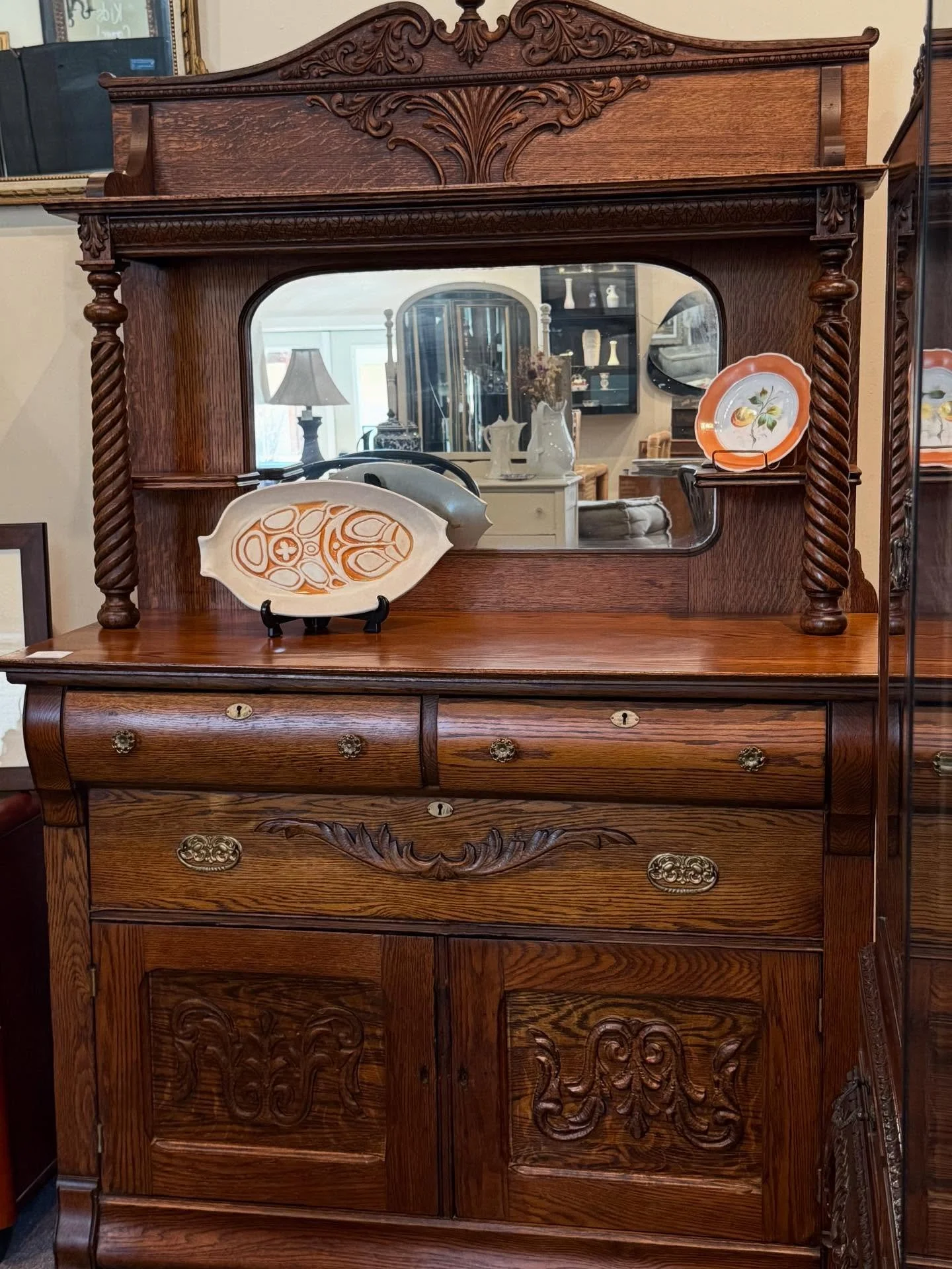 Gorgeous antique oak buffet sideboard with stunning carved details.