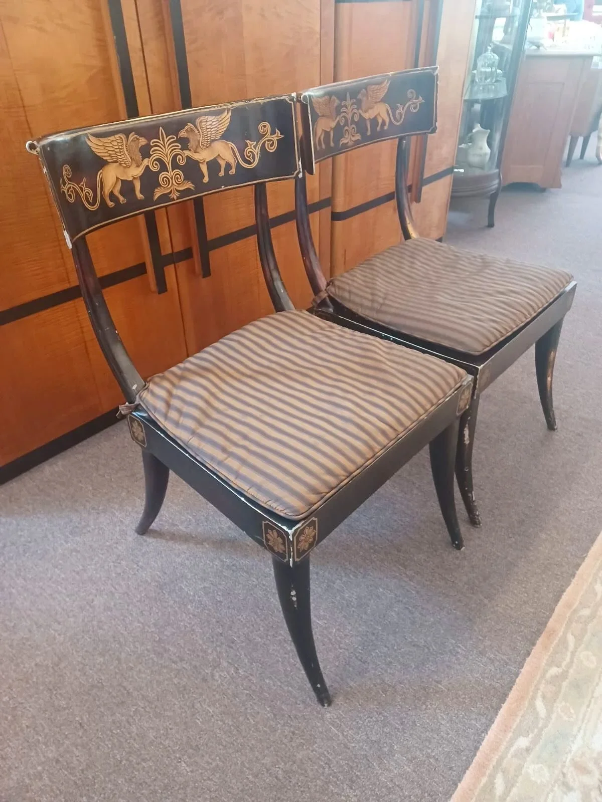 NEW ITEM!! 4 of these gorgeous metal klismos chairs with striking griffin motif. One pair is selling on 1st Dibs for $2400 - ours are only $250 each! Mix and match with loads of other styles throughout the store. Be uniquely you! #klismoschair #vinta