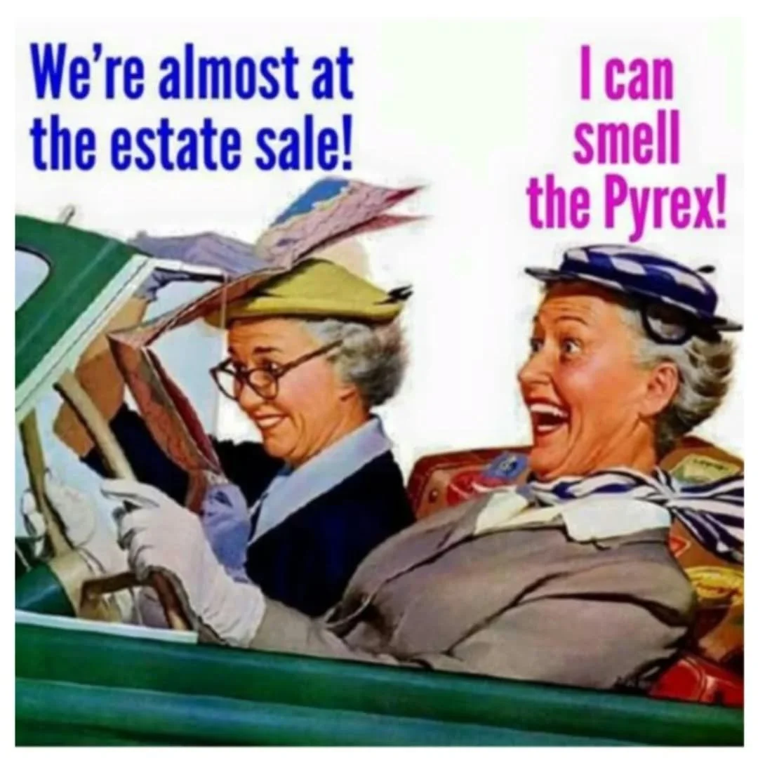 ESTATE SALE DAY!!! Come one, come all... on our way to the SALE!!!! LOVE the smell of Pyrex in the morning!!! Lol 🛍 Bring cash and a truck!! LOTS of GREAT goodies!!! #estatesale #vintage #Antiques #Art + #furniture