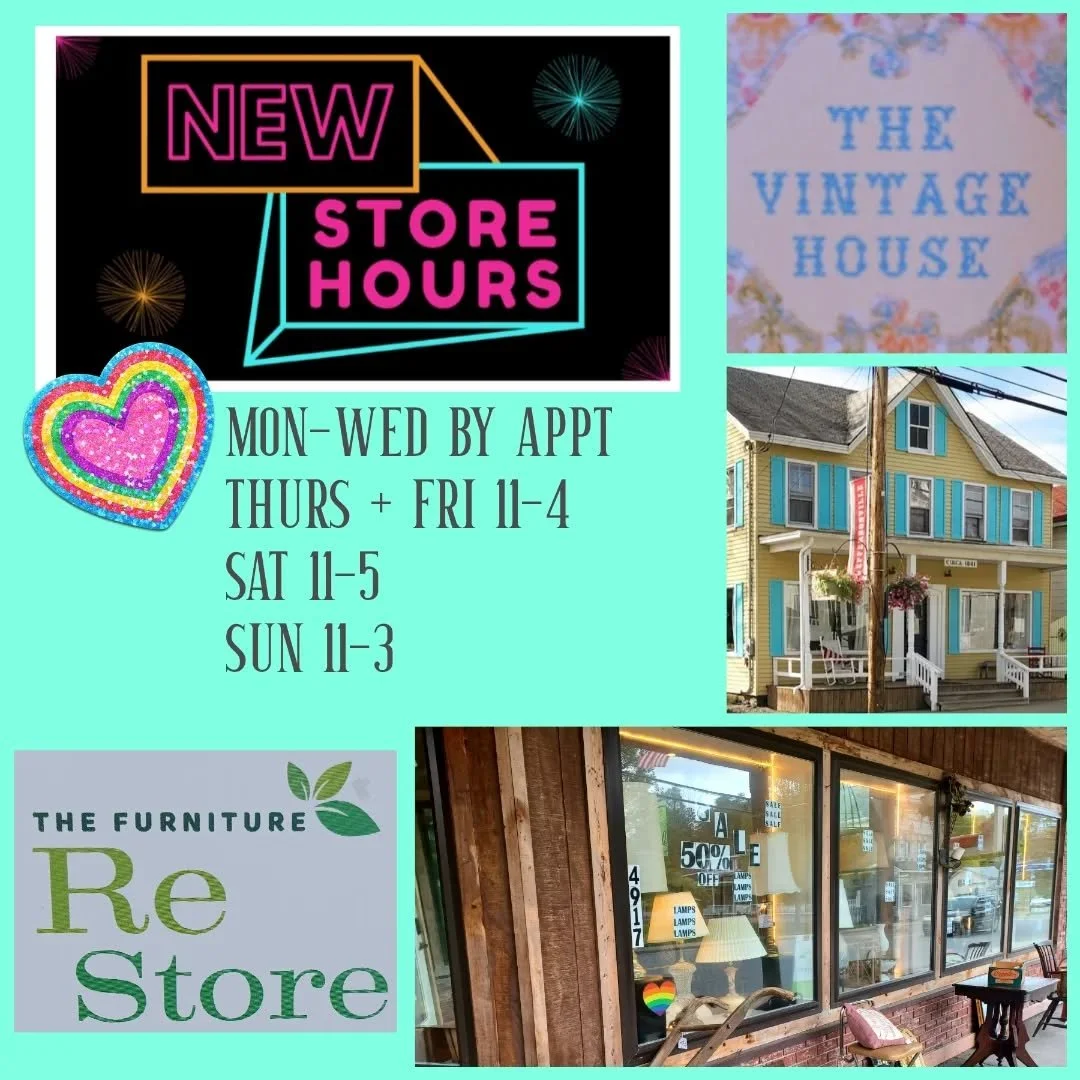 NOW BOTH SHOPS OPEN THURSDAYS, TOO!!! FOR ALL OF YOUR VINTAGE, ANTIQUE, FURNITURE, CLOTHING, HOME DECOR + TCHOCHKE NEEDS!!! 😉
