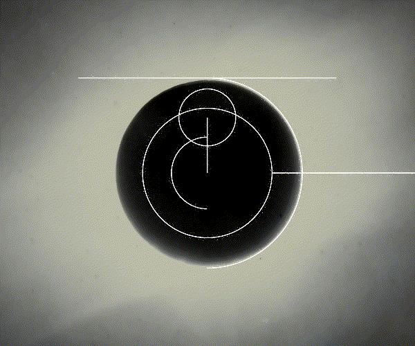 A GIF of a black circle against a washed out black background; thin white lines and circles animate.