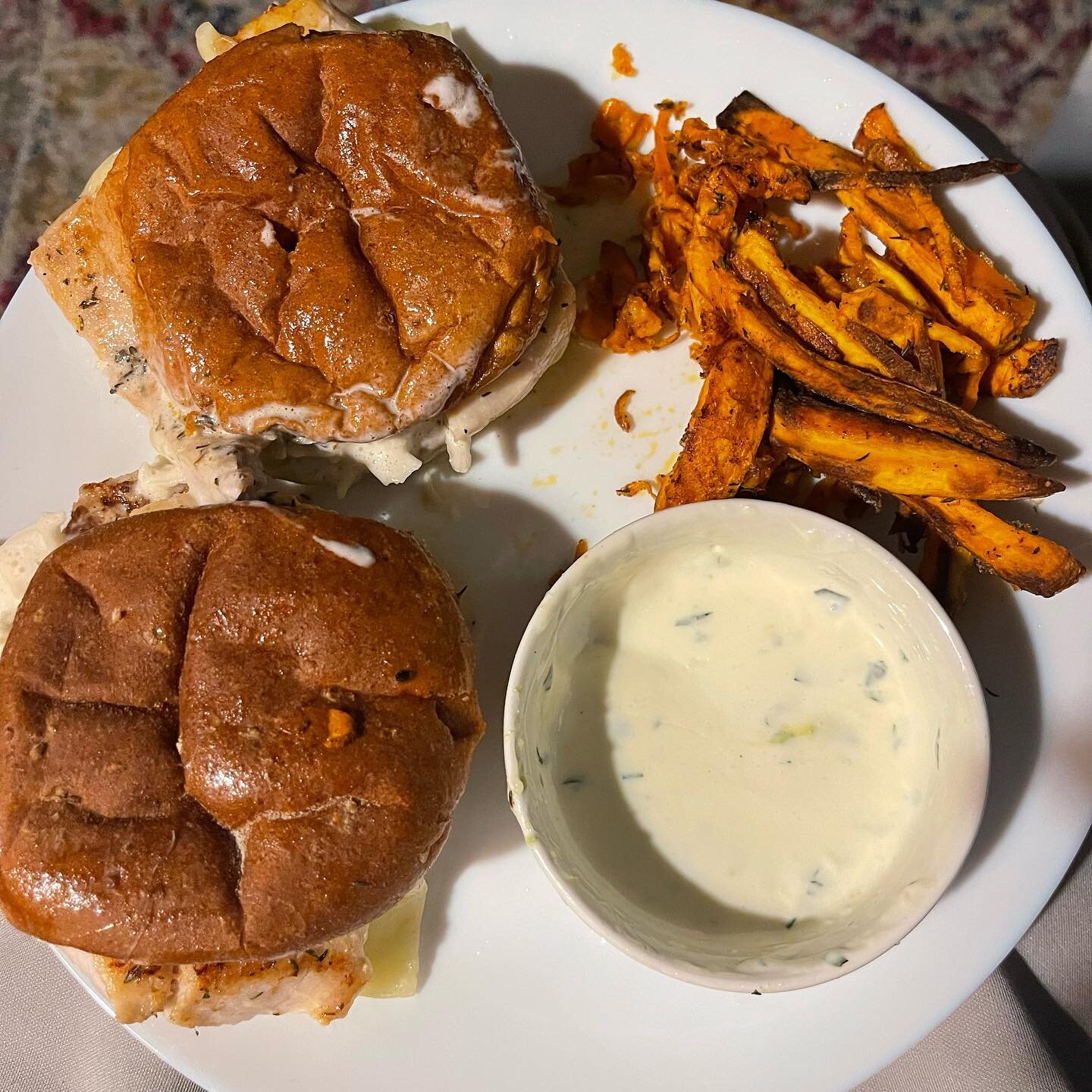Made Mahi Mahi Burgers with a Coconut Wasabi Aoli. Attempted my own sweet potato fries too but you can tell this was a rushed &ldquo;I&rsquo;m hungry&rdquo; meal lol