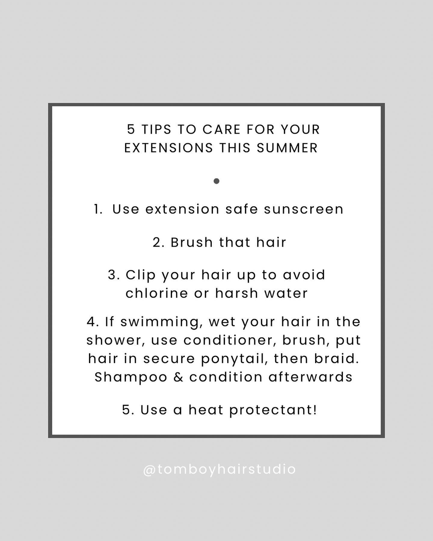 5 tips to care for your extensions this summer: 

1. Use extension safe sunscreen - shop our fave from @getgoldielocks at your next visit
2. Brush that hair - separate your rows to brush thoroughly
3. Clip your hair up to avoid chlorine or harsh wate