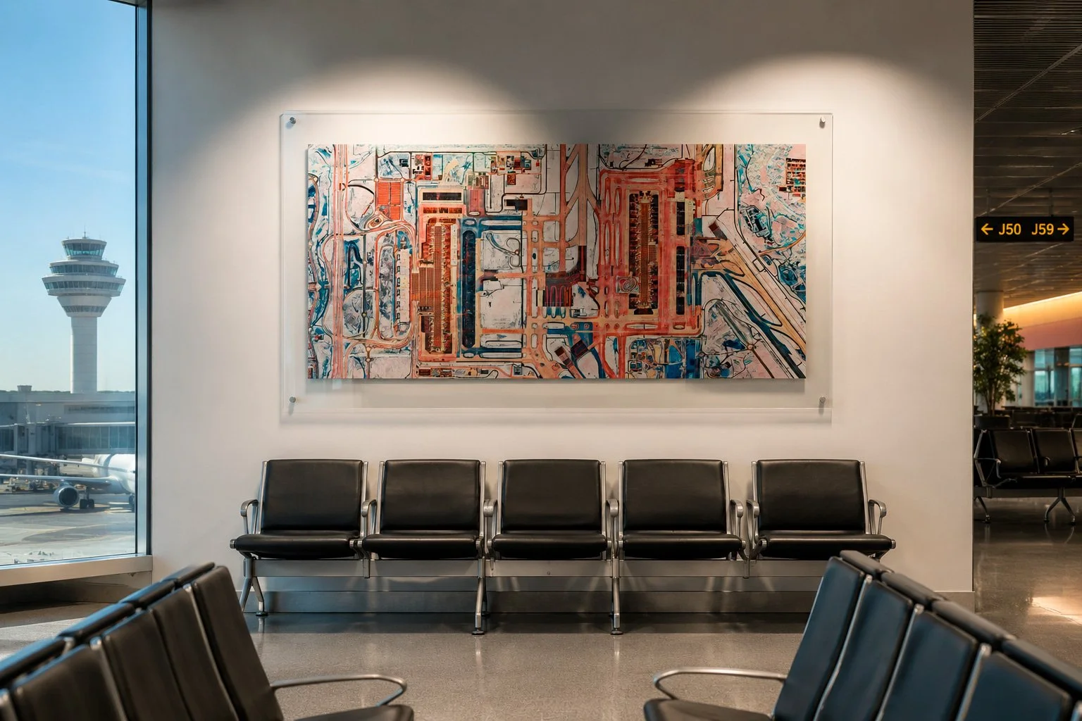 A waiting area at an airport with a row of black chairs and a colorful abstract map on the wall. Outside the window, an airport control tower and a plane are visible.