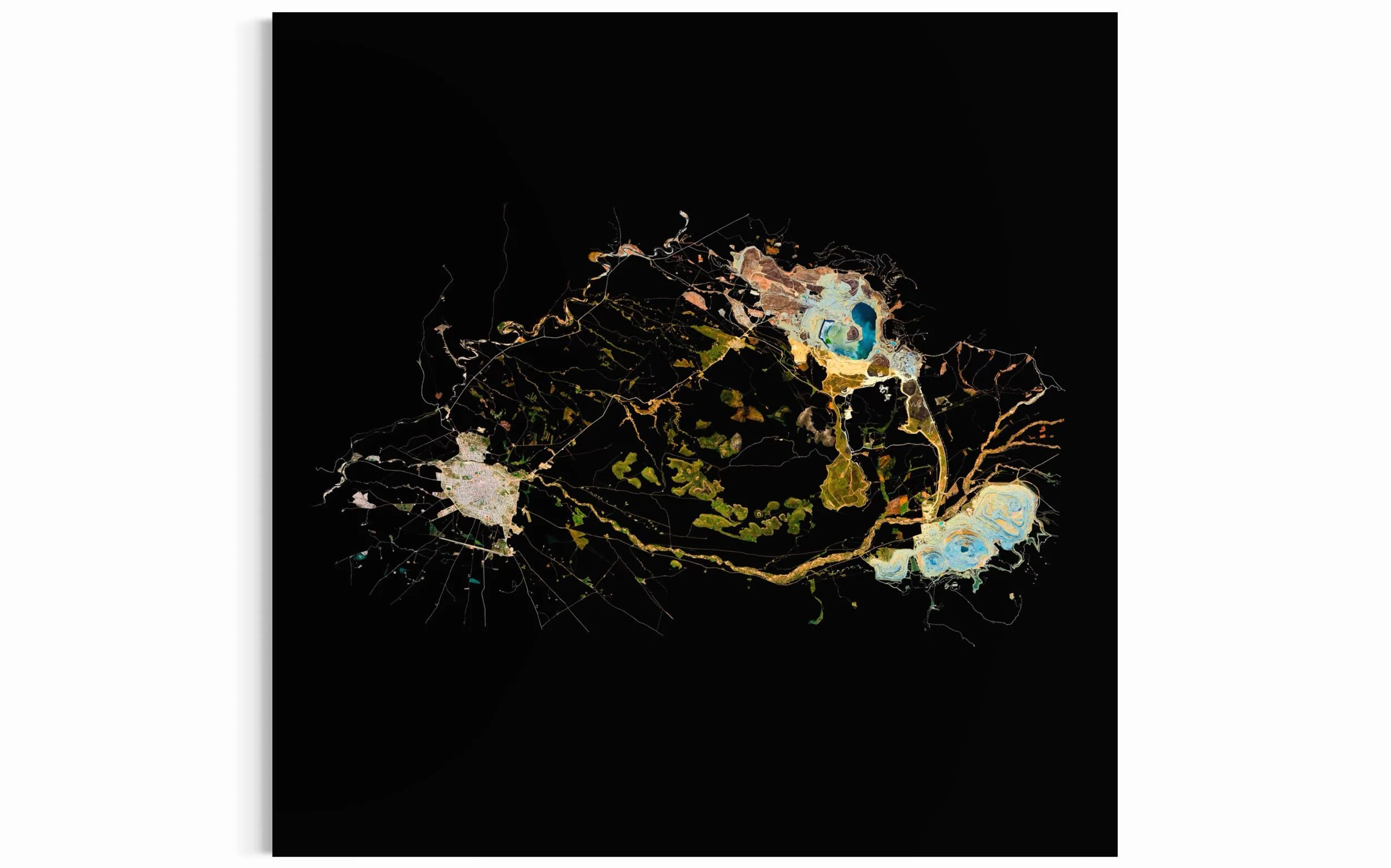 Satellite fine art image of Antapaccay Mine, a large open-pit copper mine in southern Peru, transformed into an abstract composition with terraced excavations, processing areas, and surrounding infrastructure, part of the Ultradistancia project.