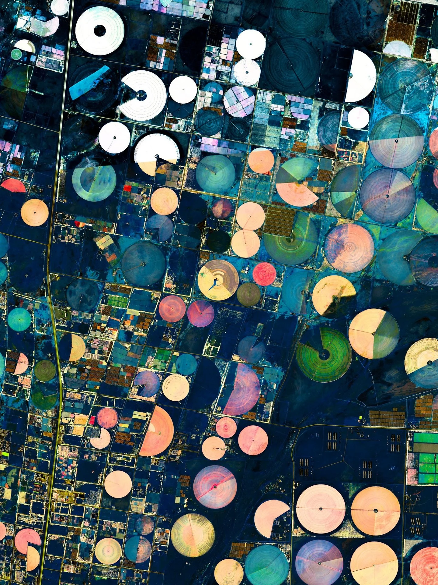 TABUK CIRCLES &mdash; Tabuk, Saudi Arabia

From orbit, the agricultural fields of Tabuk unfold as a mesmerizing geometry of perfect circles. Center-pivot irrigation systems transform the desert into a vibrant mosaic of color and rhythm, where aridity