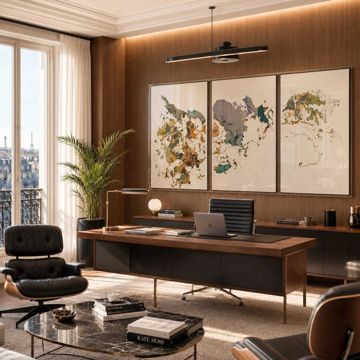 Modern office with a large wooden desk, black leather chair, black lounge chair, potted plant, abstract world map art on wood-paneled wall, window with Paris city view including Eiffel Tower, beige carpet, and brass accents.