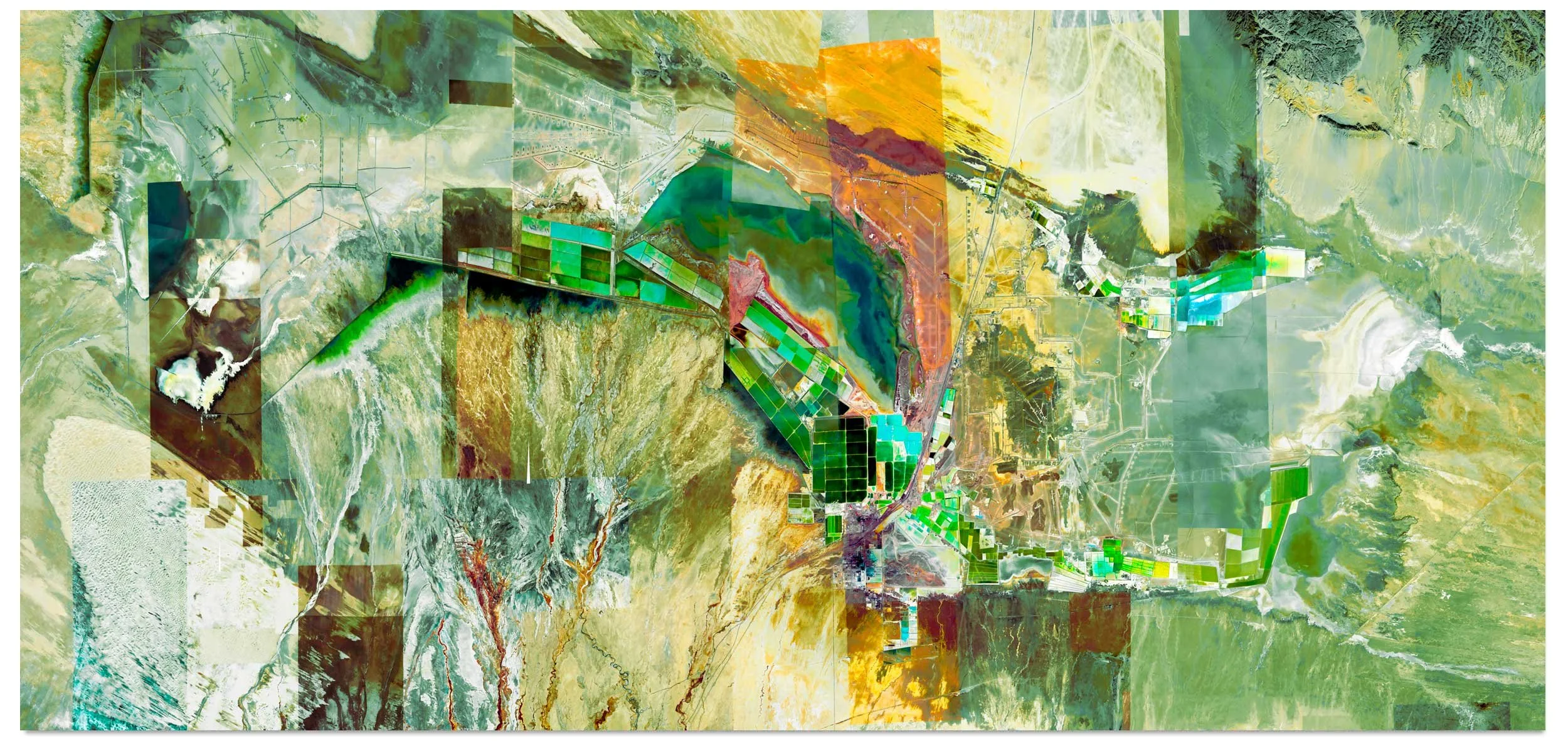 CHA´ERHAN SALT LAKE
Qinghai Province, China
Once a single inland lake, today Qarhan stretches across Qinghai as a luminous mosaic of salt, minerals, and forgotten water. This Ultradistancia Mines piece captures the surreal geometry of a fractured la
