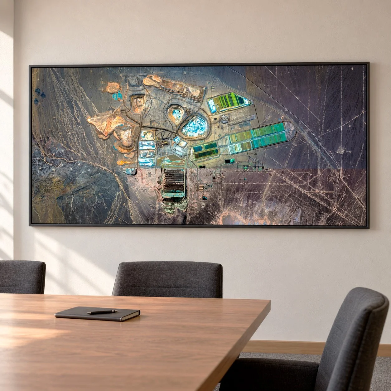 A large framed aerial photograph of a desert landscape with an organized agricultural area, placed on a beige wall in a conference room, with a wooden table, black chairs, and a notebook in the foreground.