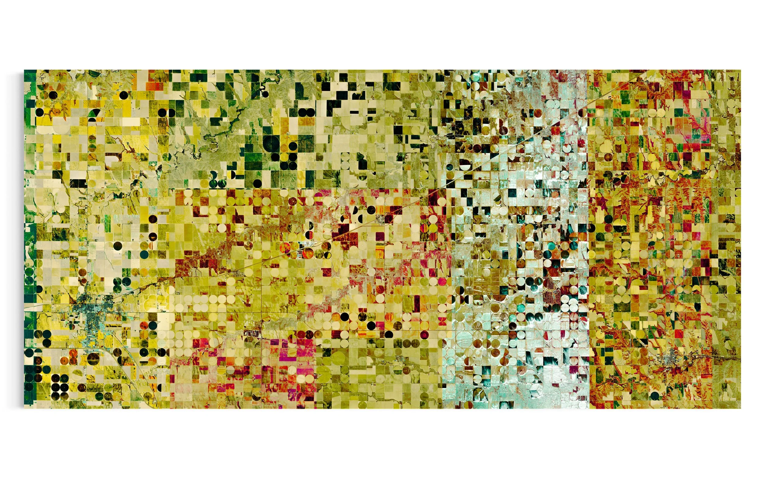 Panoramic satellite fine art image of agricultural land in Colby, Kansas, USA, showing geometric crop fields, circular irrigation patterns, and soft green, gold, pink, and pale blue tones from Federico Winer’s Ultradistancia Fields Series.