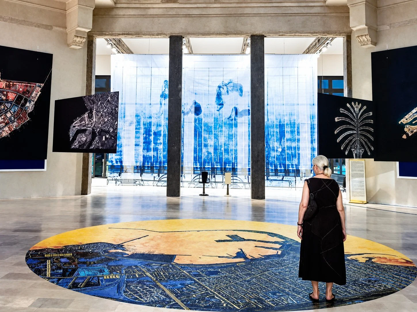 A woman with gray hair in a black dress looks at an art installation in a museum. The installation is a large circular artwork on the floor, surrounded by hanging digital displays showing city maps and aerial views, with a large semi-transparent image of a horse projected on a stained glass window in the background.