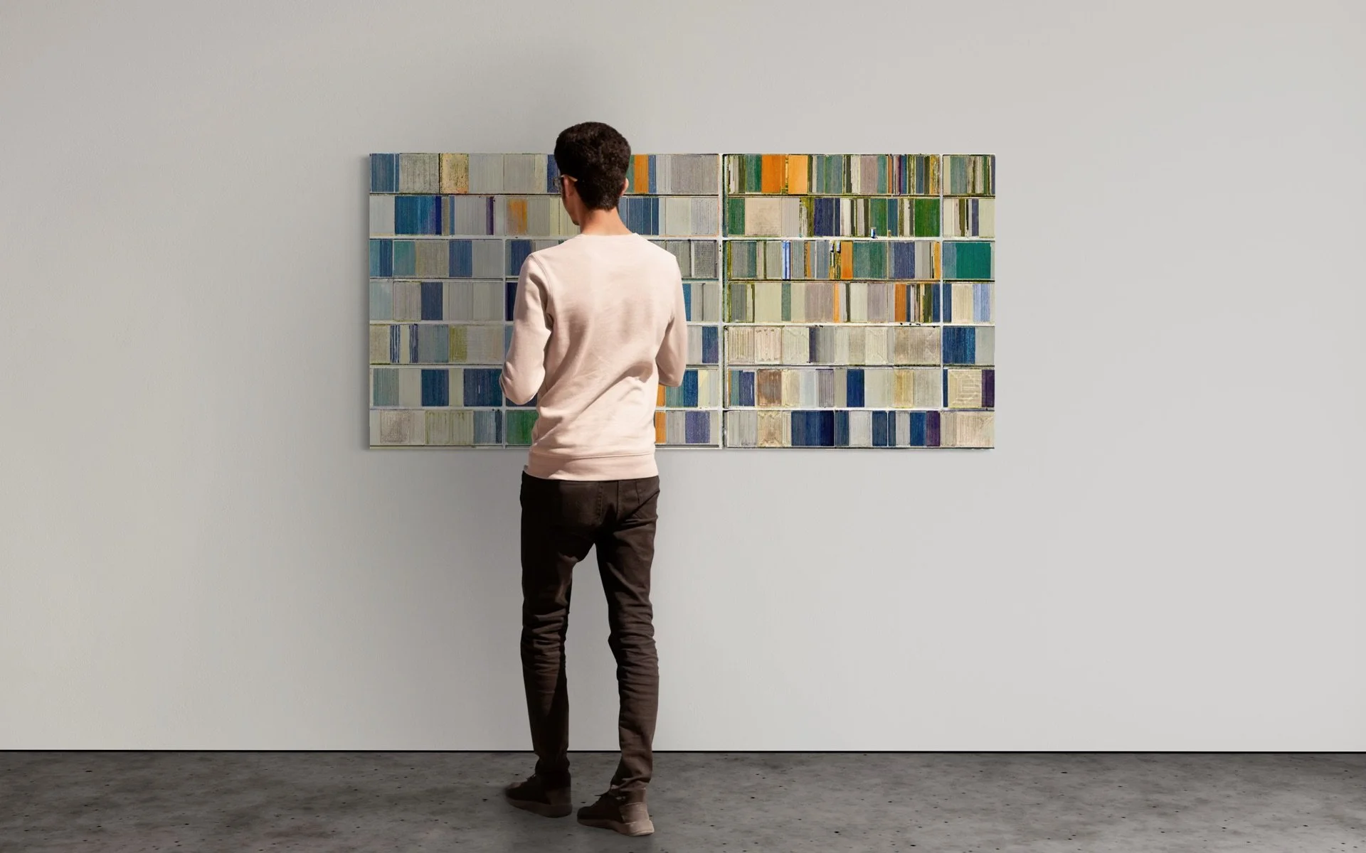 High-resolution satellite image of cultivated land in Kashima, Saga, Japan, transformed into contemporary fine art with rhythmic field divisions and subtle color contrasts.