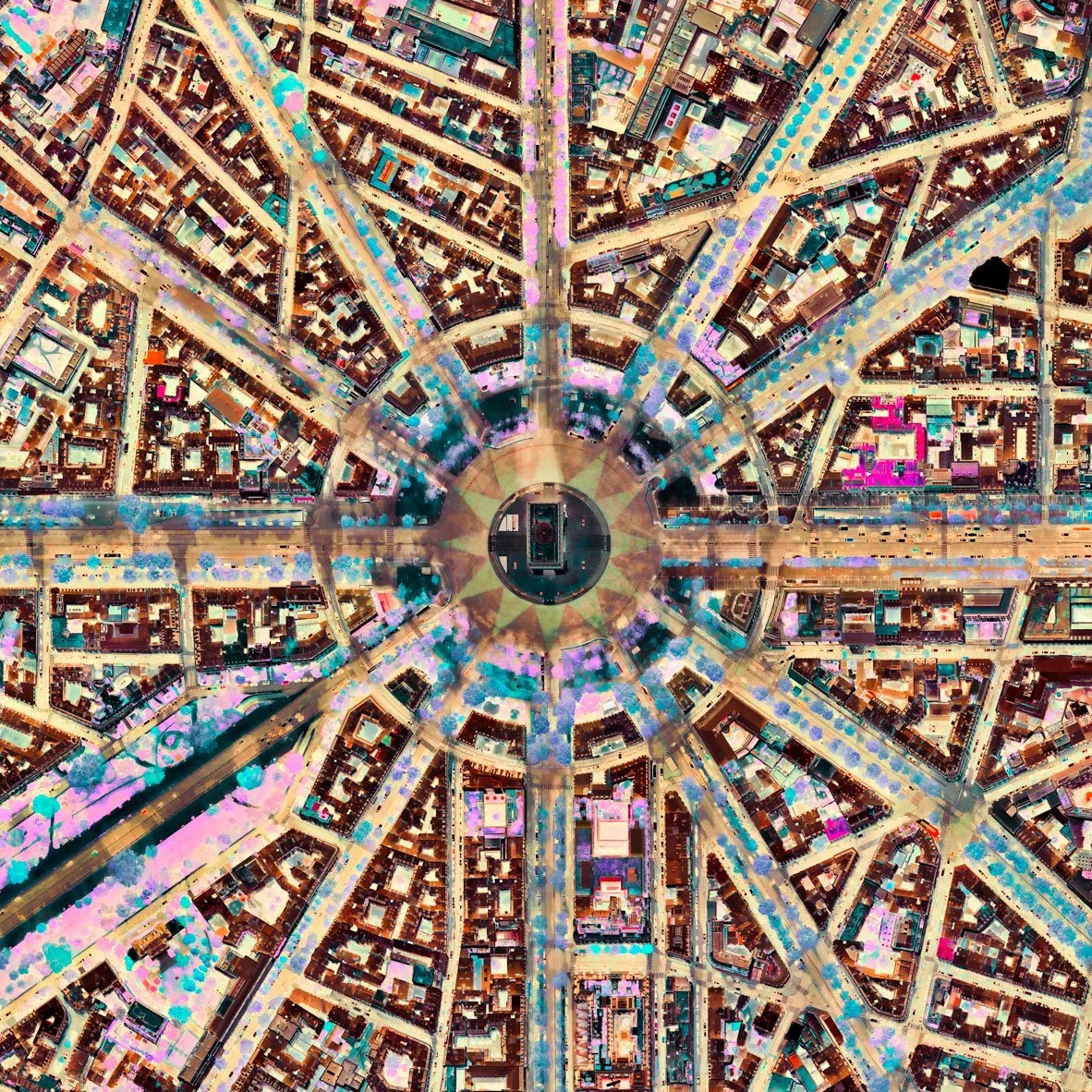 A colorful aerial view of a city with a circular central plaza surrounded by buildings and streets