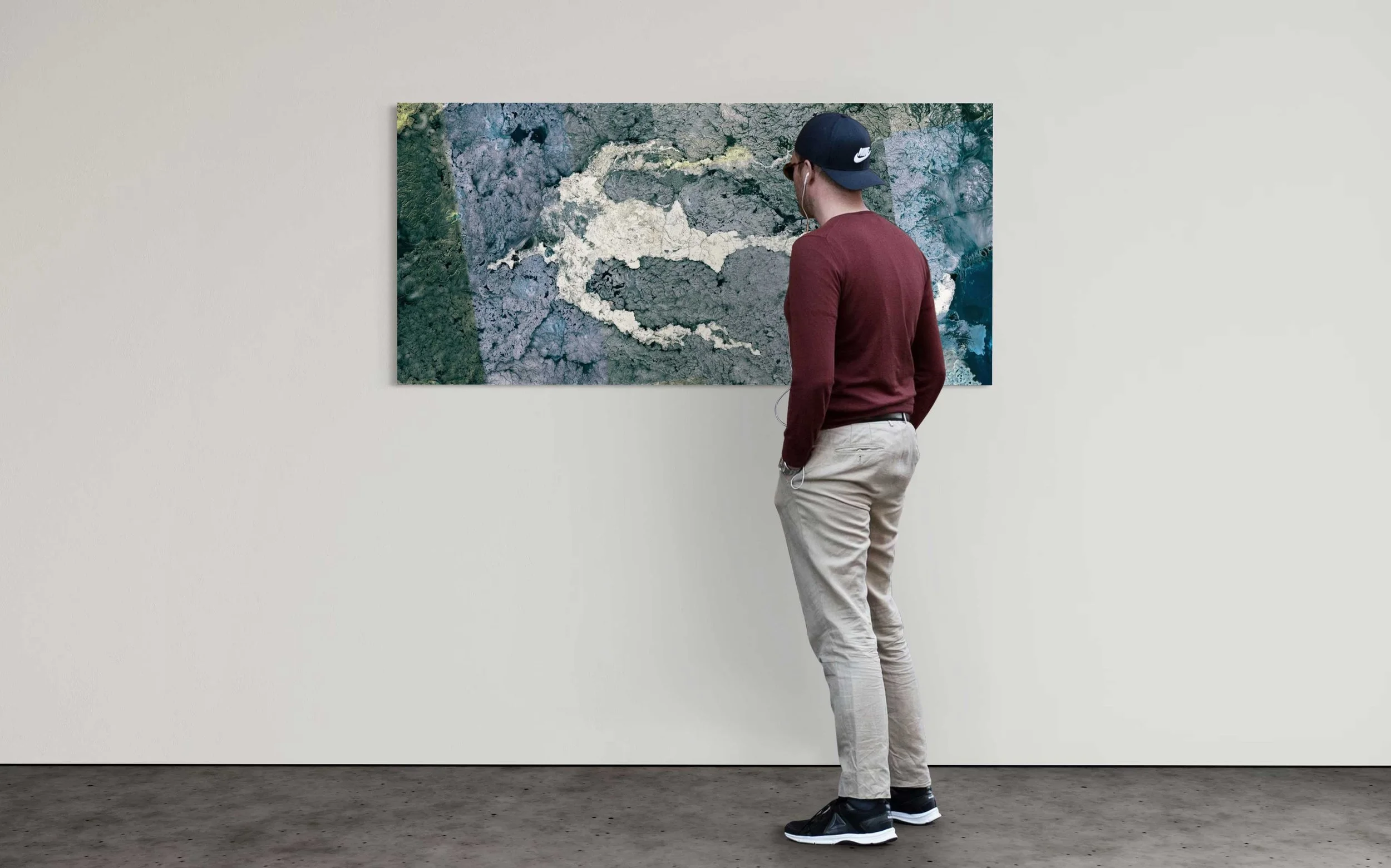 Satellite artwork of As-Sabeyah volcanic landscape in Saudi Arabia, showing lava fields and desert textures as part of Ultradistancia fine art series