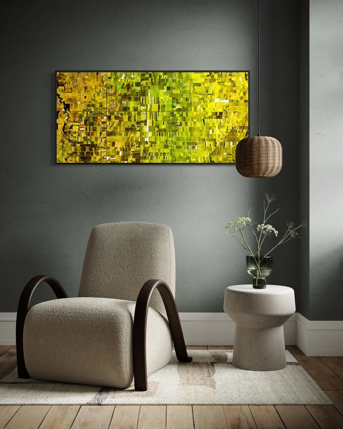 Ultradistancia Morrinsville by Federico Winer, panoramic satellite fine art image of agricultural land in New Zealand composed of yellow-green fields, roads, and geometric rural patterns.
