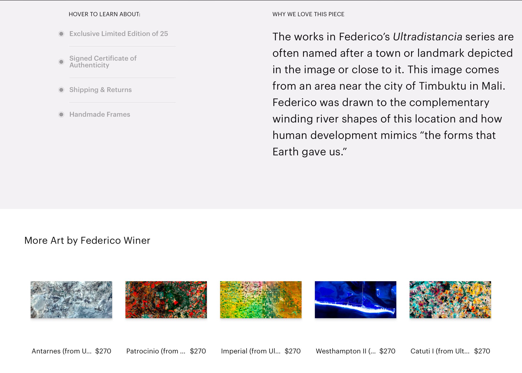 A webpage displaying information about Federico Winer's art series 'Ultradistancia'. The right side contains a description explaining that his works are often named after towns or landmarks near Timbuktu, Mali, depicting river shapes and human develo
