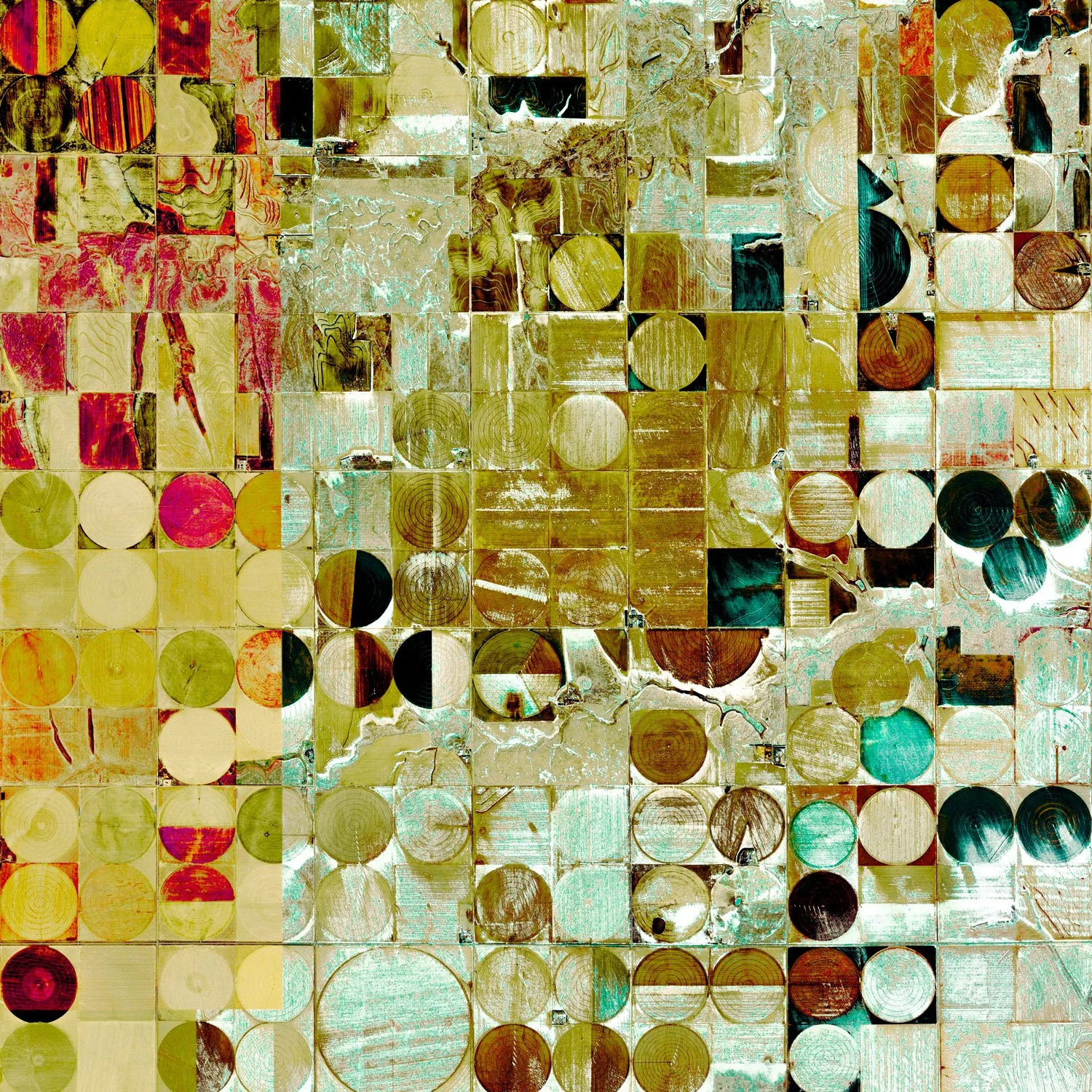 Detail of satellite artwork showing agricultural plots and circular irrigation fields in Colby, Kansas, USA, with green, cream, ochre, pink, and turquoise tones from Federico Winer’s Ultradistancia Fields Series.