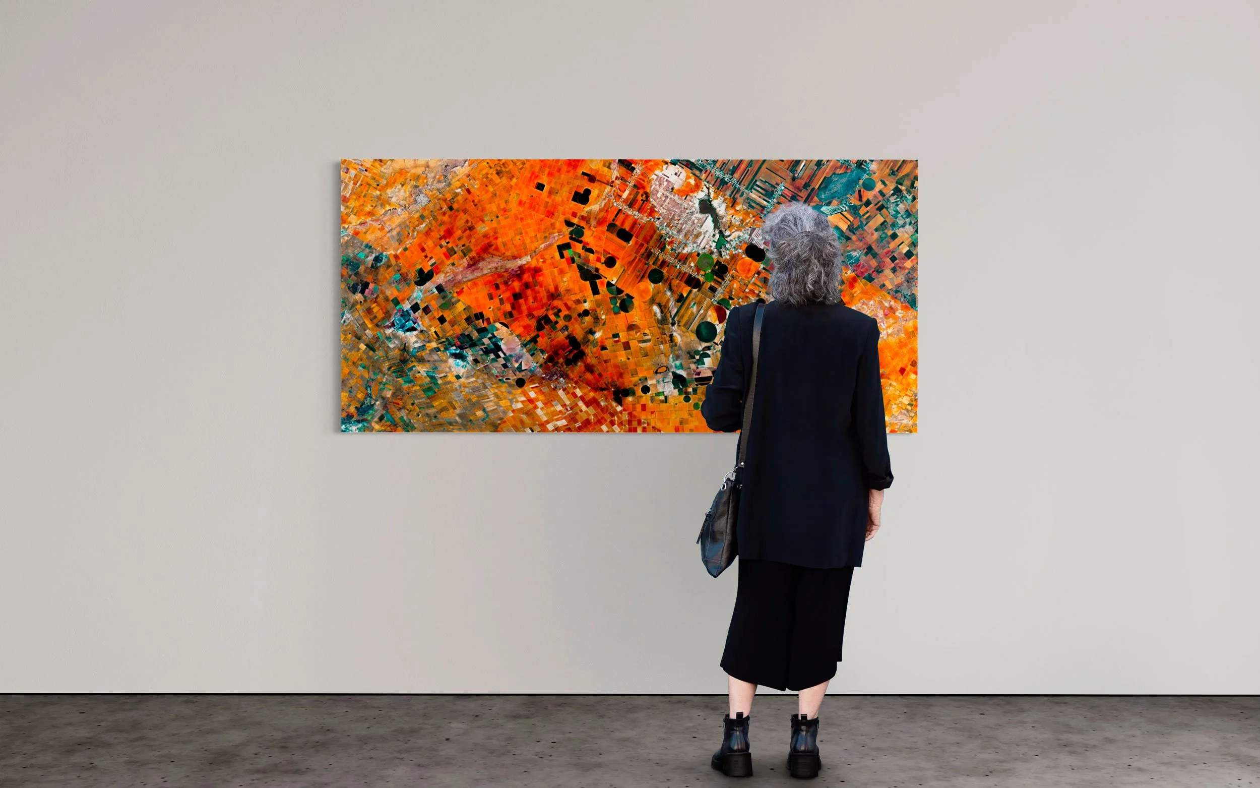 Gallery view of Ultradistancia Zacatecas showing the scale and visual impact of Federico Winer’s satellite fine art from the Ultradistancia Fields Series.