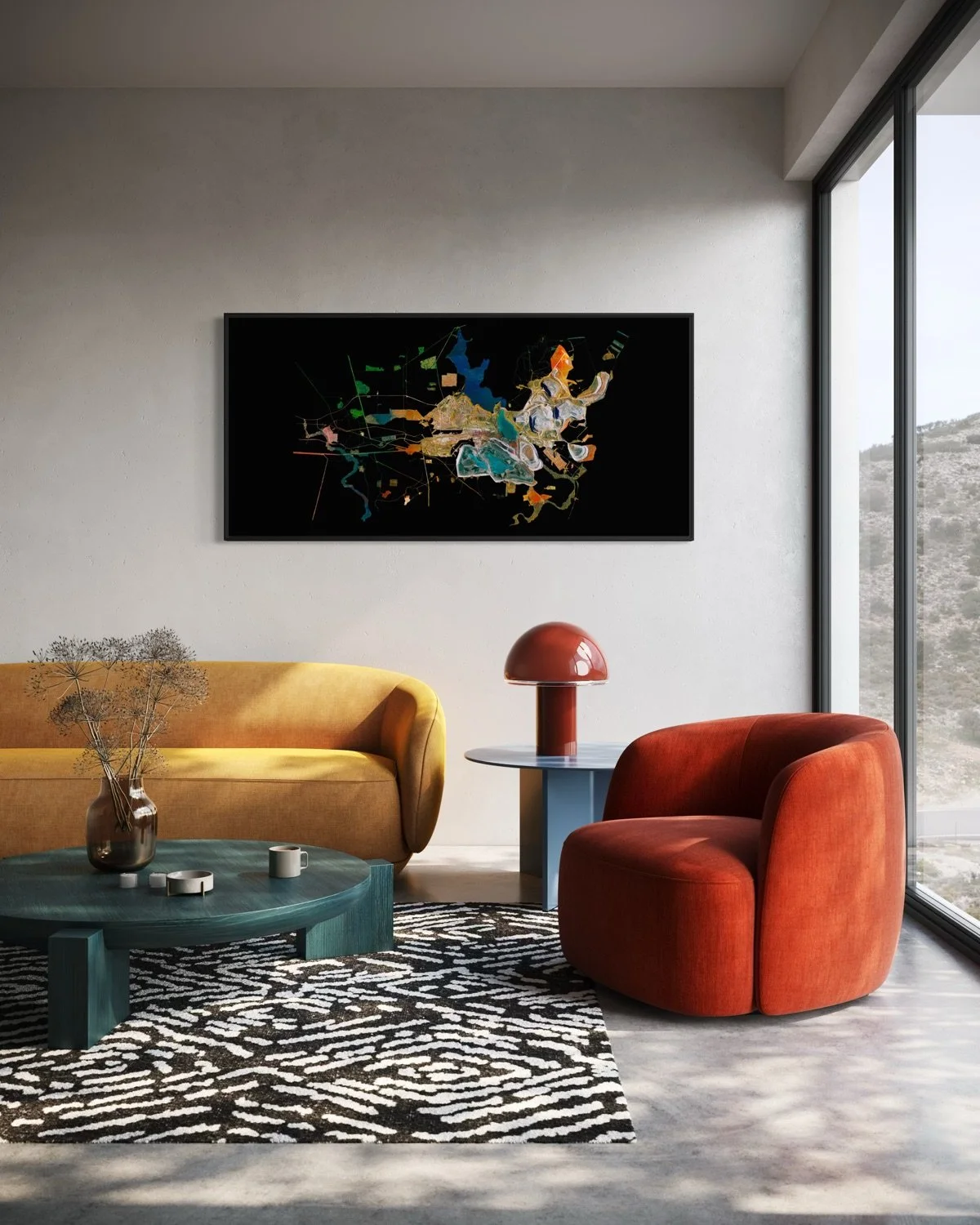 Ultradistancia Gusevogoroskoye Mine by Federico Winer is a large-format satellite fine art work that transforms the mine into a luminous abstract landscape of turquoise water, mineral roads, exposed earth, and engineered geometry.