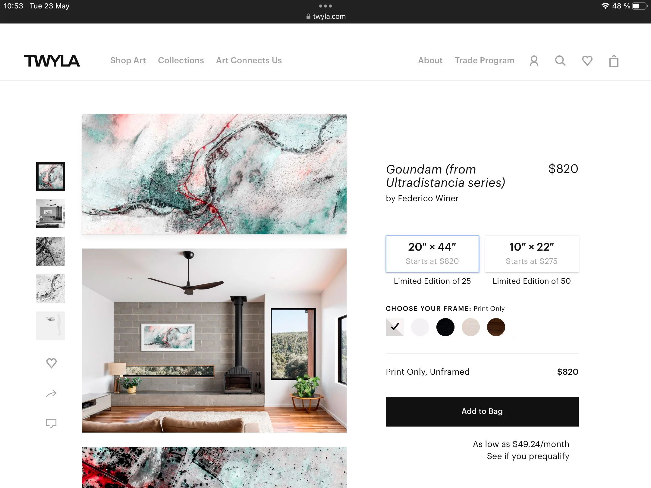 Online art store webpage displaying a digital gallery of artworks, including an abstract painting with shades of light pink, teal, and black, and a modern interior scene featuring a ceiling fan and artwork on a brick wall.