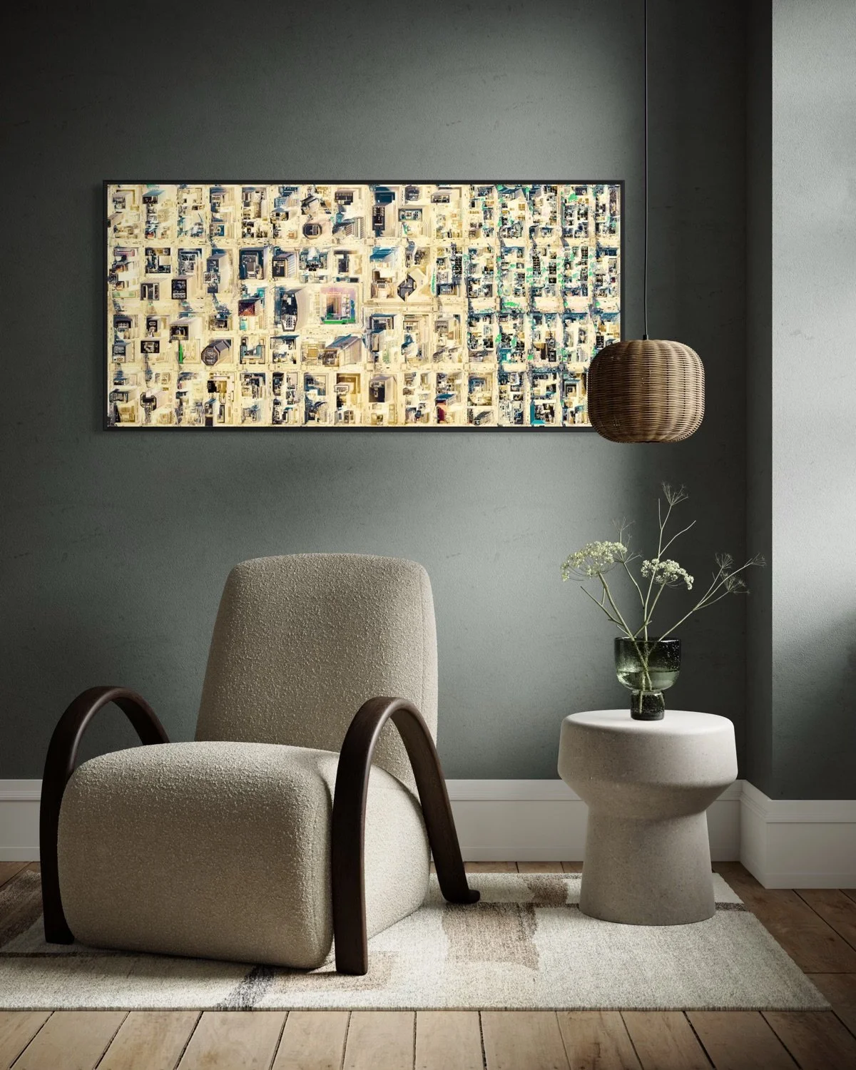 Interior of a modern living space with a beige armchair, small round side table with a black vase and white flowers, wall art featuring an aerial cityscape, a wooden pendant light, gray walls, and a beige rug over wood flooring.