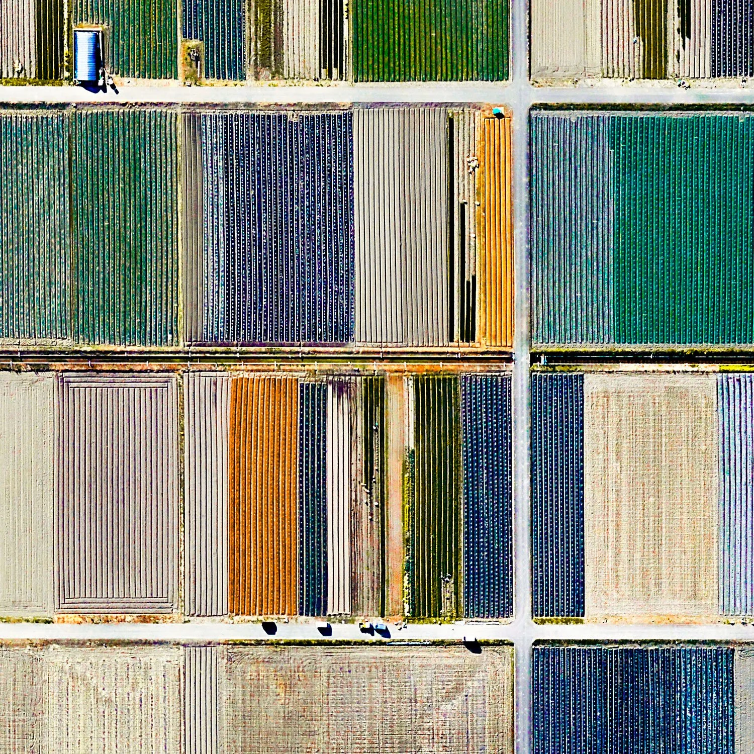 Detail of KASHIMA, Saga, Japan, revealing narrow cultivated plots, fine linear textures, and alternating bands of blue, green, cream, and warm orange.