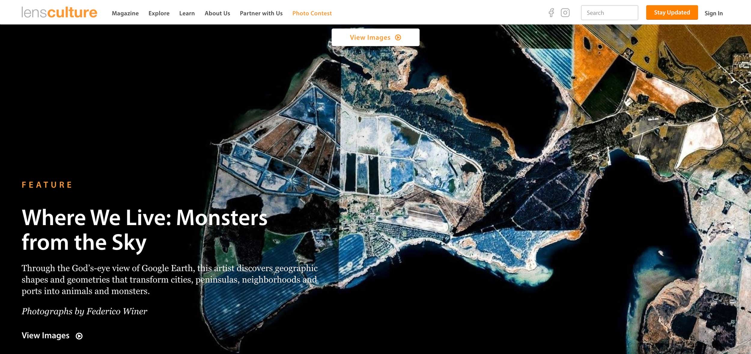 Through the God’s-eye view of Google Earth, Winer discovers geographic shapes and geometries that transform cities, peninsulas, neighborhoods and ports into animals and monsters.