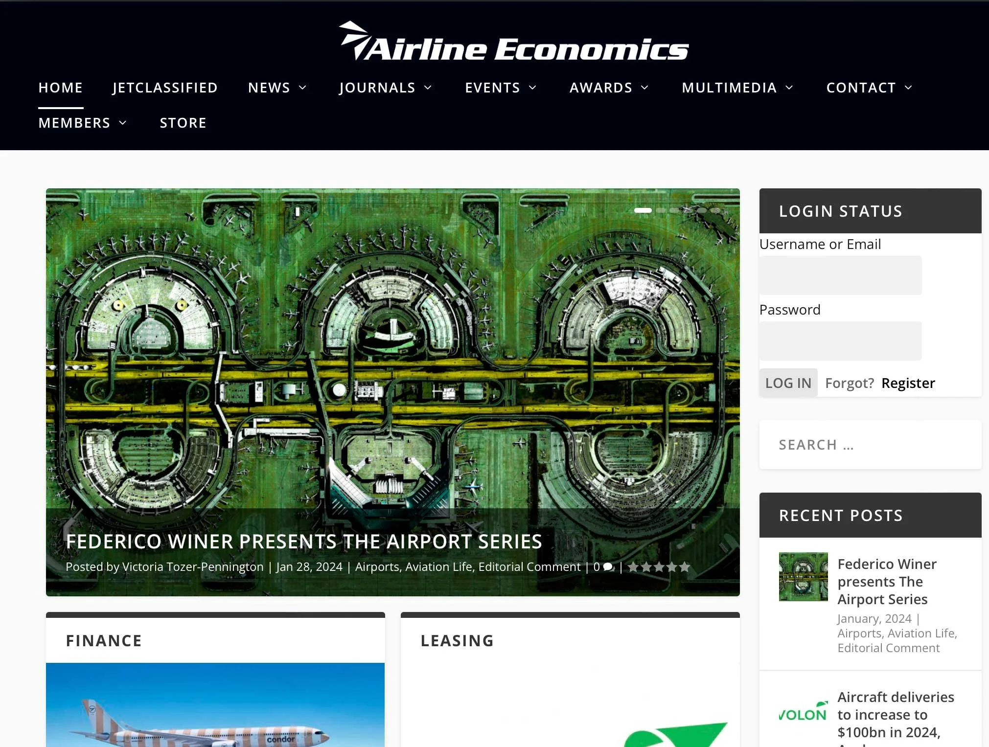 Screenshot of Airline Economics website homepage showing navigation menu, login section, and articles about airports, aviation industry, and aircraft deliveries.
