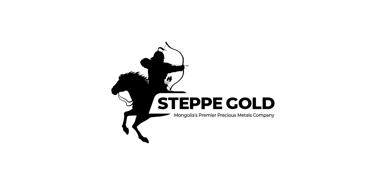 Black silhouette of a person riding a horse, aiming a bow and arrow. The text "STEPPE GOLD" with a line underneath and the subtitle "Mongolia's Premier Precious Metals Company".