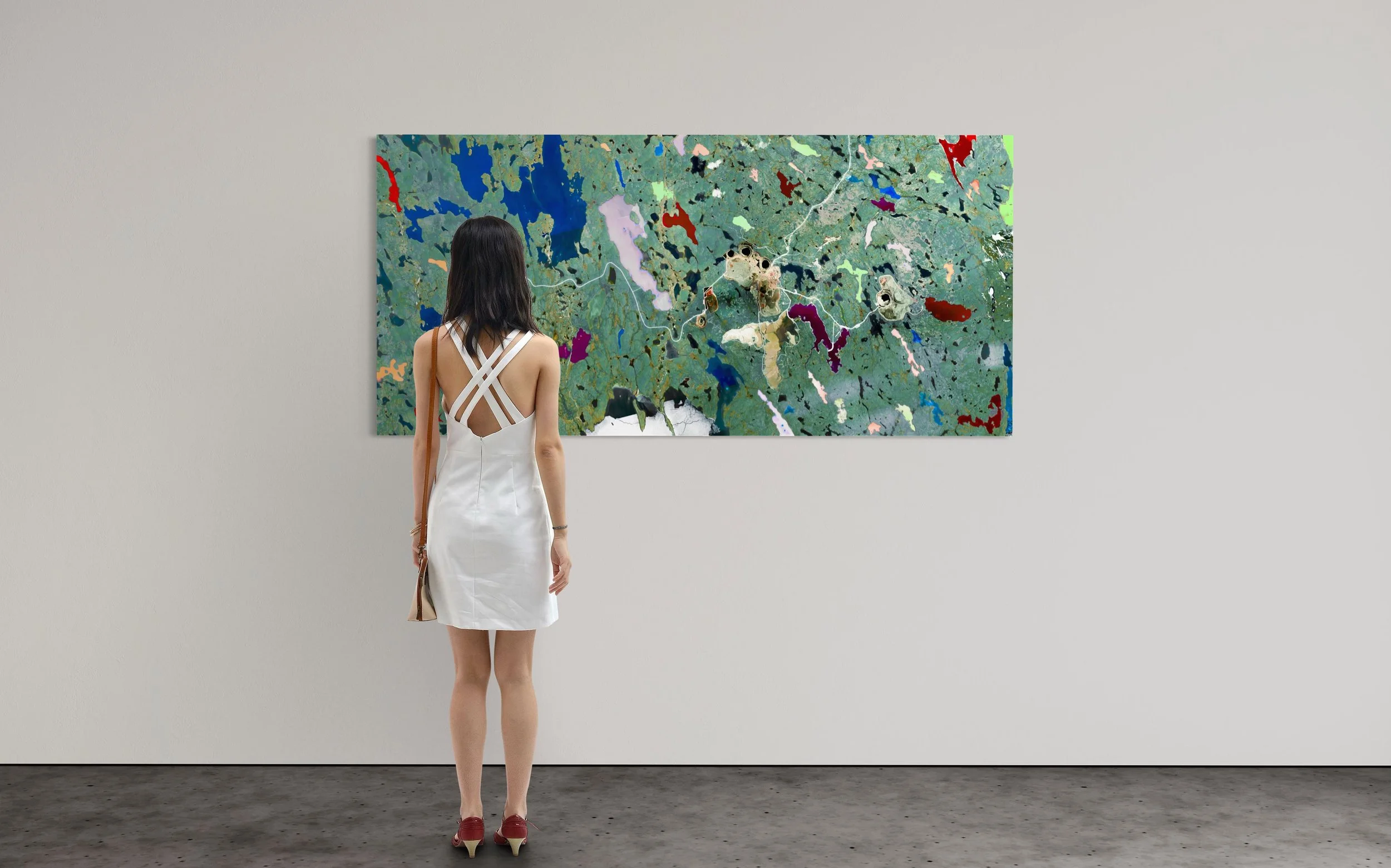 Contemporary interior with a large framed panoramic artwork of Ekati Mine hanging on a light textured wall