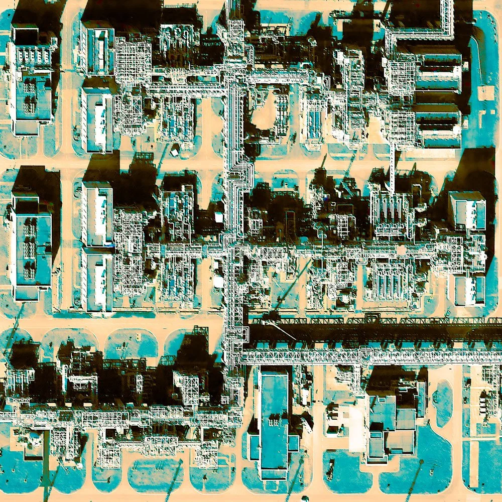 Top-down view of a data center or server farm with rows of server racks connected by a network of cables and pathways.
