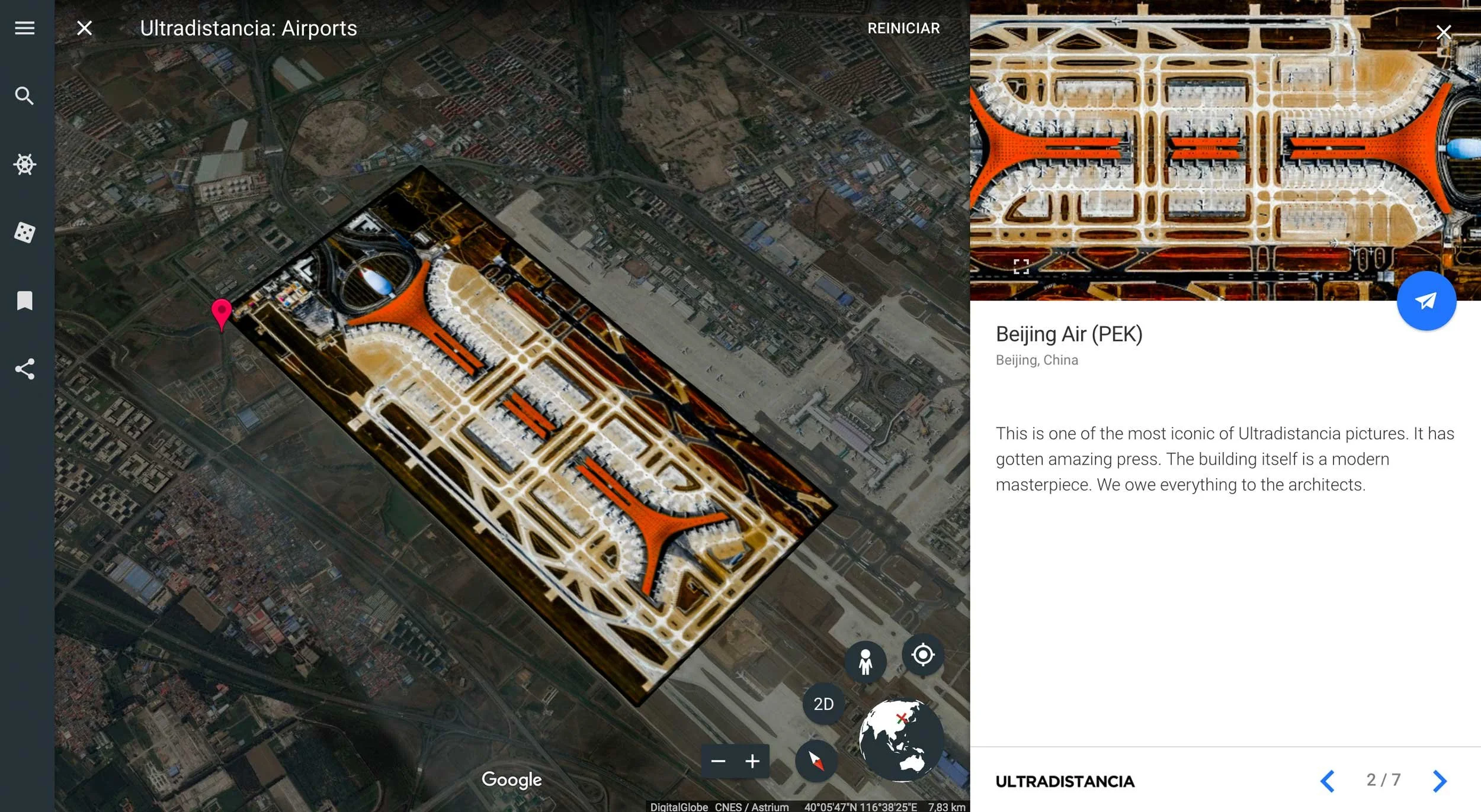 Satellite view of Beijing Capital International Airport, showing runways, taxiways, terminals, and surrounding infrastructure at night with lighting outlining the airport layout.