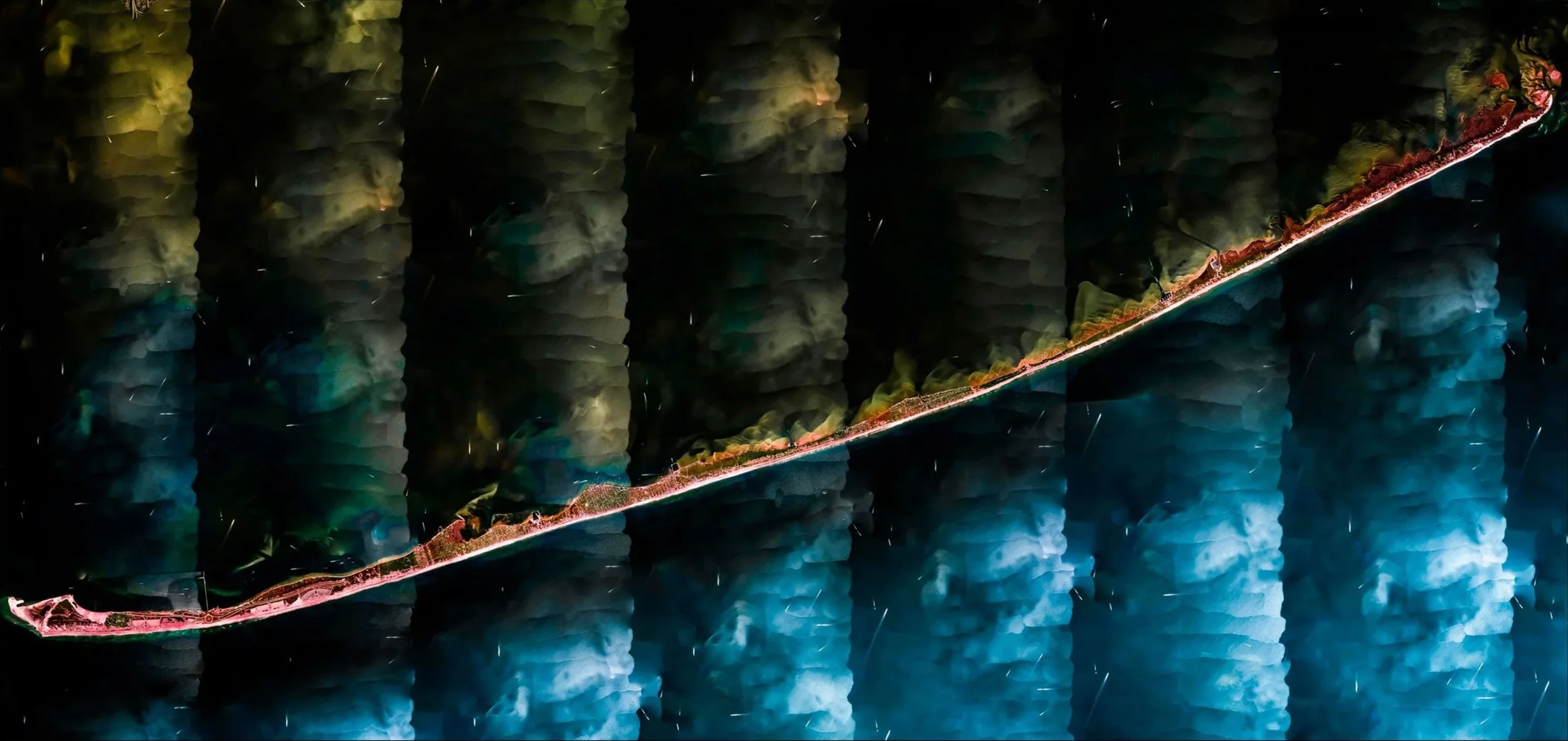 Close-up of a textured, layered forest of rocks or mineral formations with a colorful, illuminated edge at the bottom.