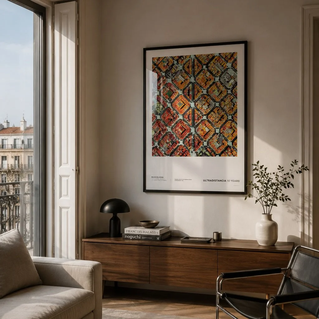 A cozy living room corner with a large window, a framed abstract artwork, a beige sofa, a wooden sideboard, a black table lamp, a stack of books, a small bowl, a metallic cup, a white vase with greenery, and a black and metallic chair.