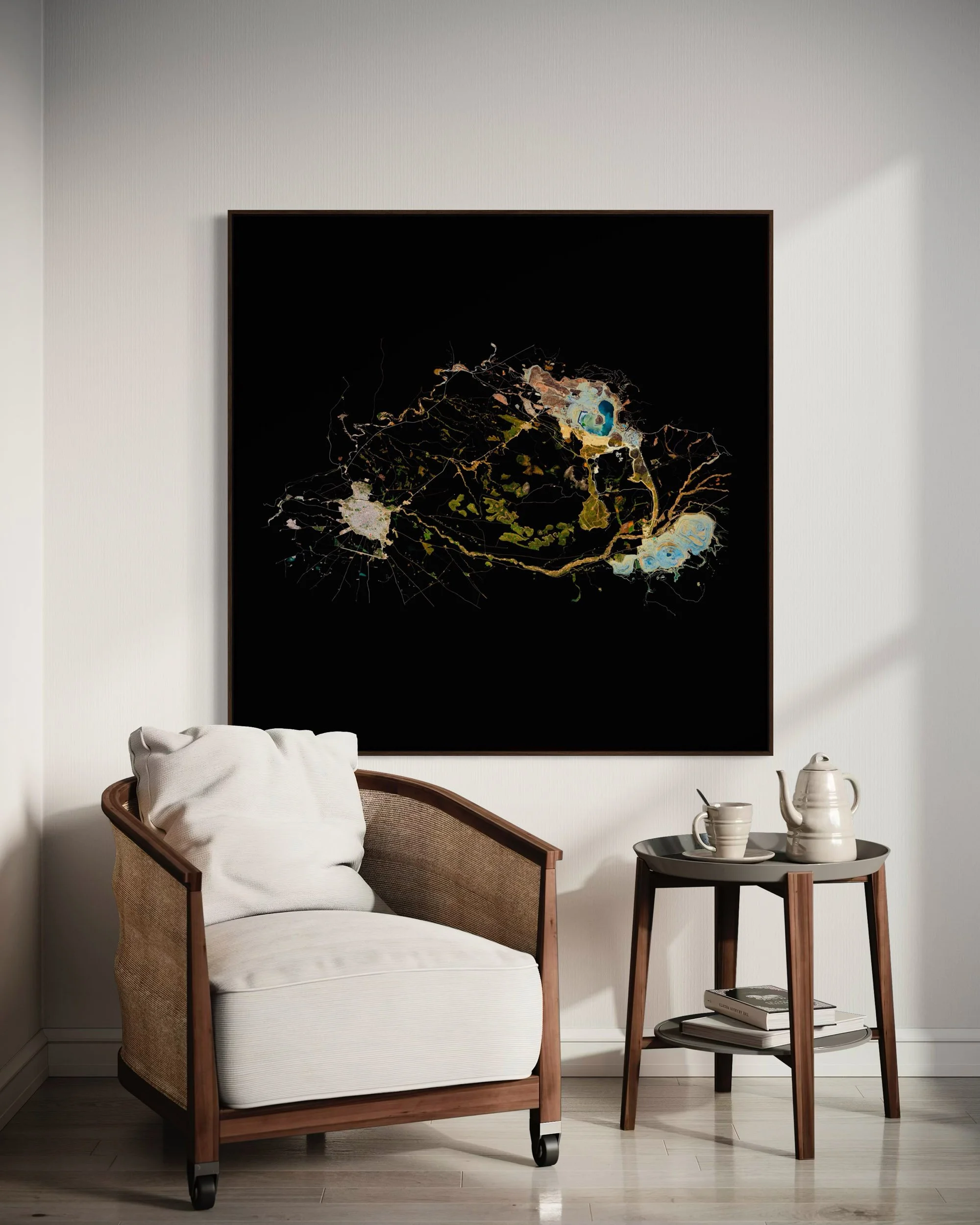 Living room installation of the Satellite fine art image of Antapaccay Mine, a large open-pit copper mine in southern Peru, transformed into an abstract composition with terraced excavations, processing areas, and surrounding infrastructure