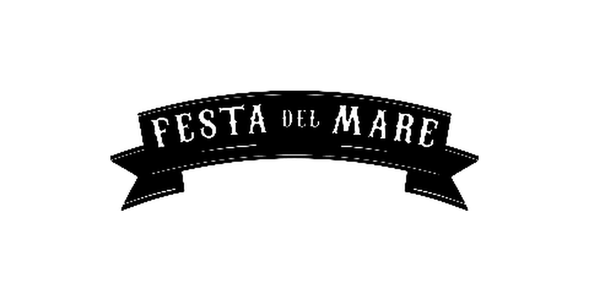 Logo for Festa del Mare with black banner and white text.