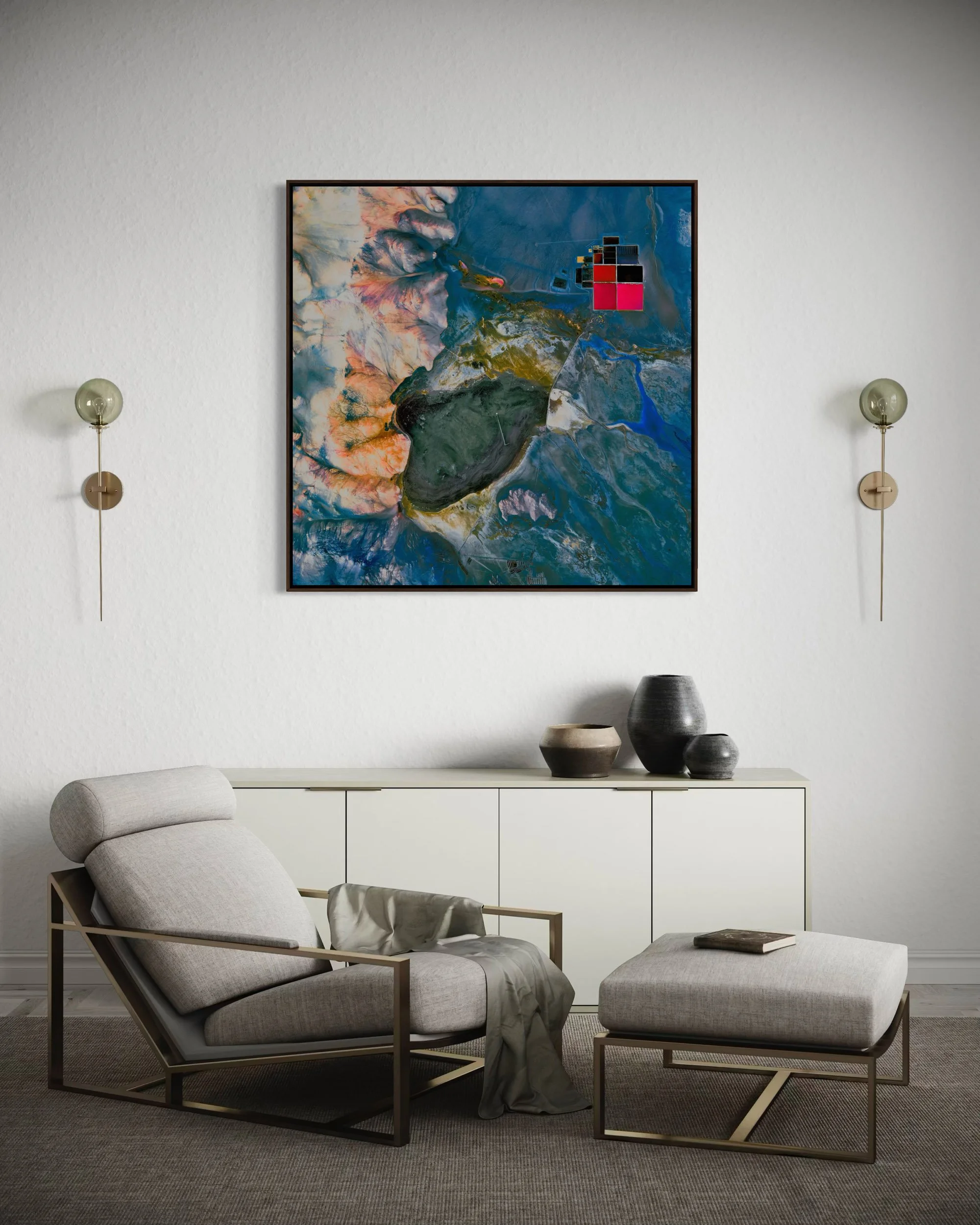 living installation of Salar Diablillos a limited-edition satellite fine art artwork by Federico Winer, portraying a high-altitude salt flat mining landscape with evaporation ponds as an abstract, museum-quality composition.