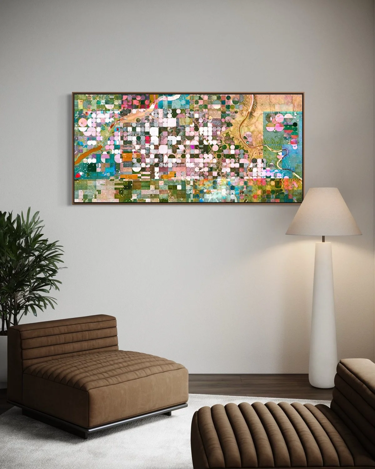 Colorful abstract painting on wall in modern living room with brown and beige furniture and a white floor lamp.