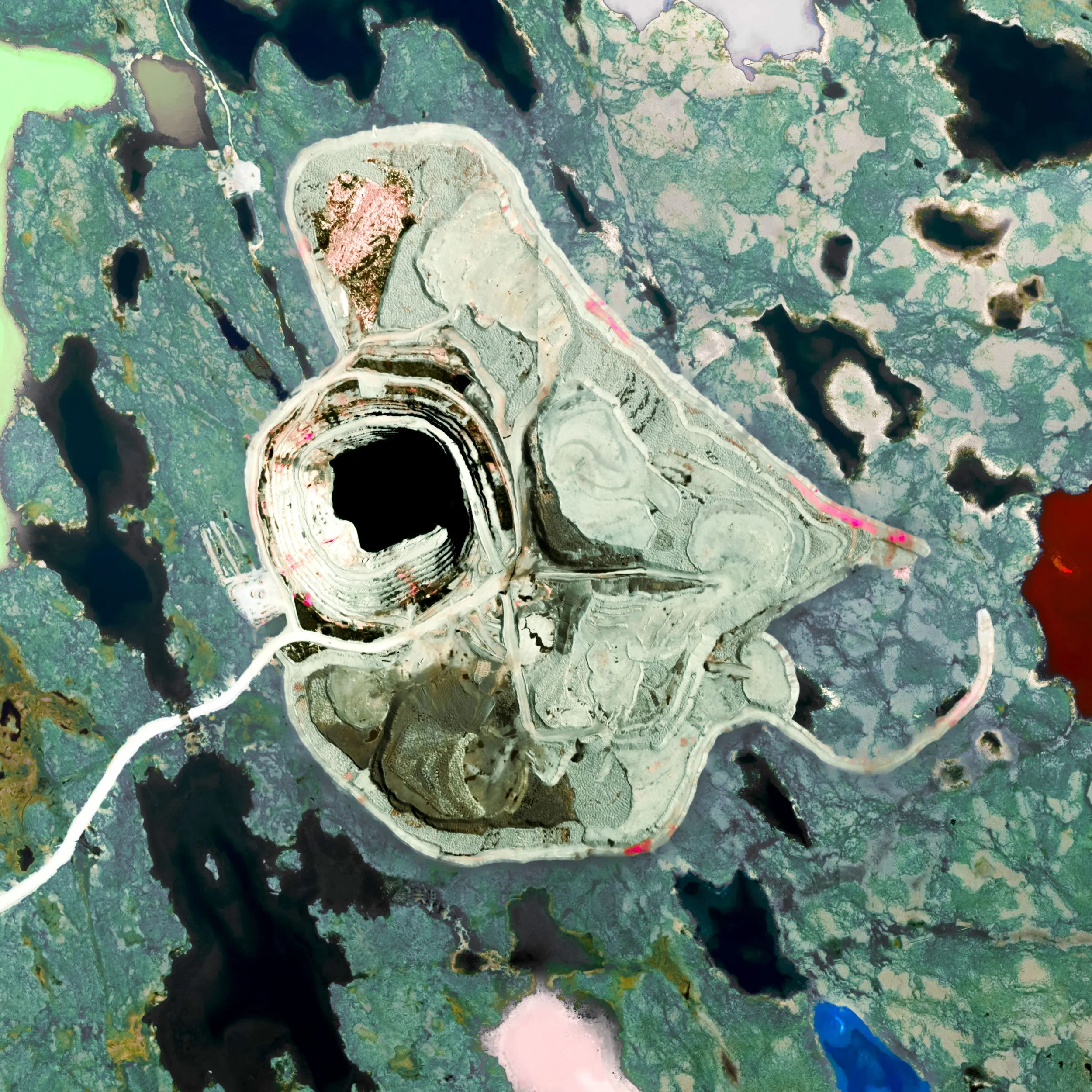 Detail satellite view of Ekati Mine in northern Canada, with open pits, winding roads, blue lakes, and vivid magenta and red water bodies set within a green subarctic terrain.