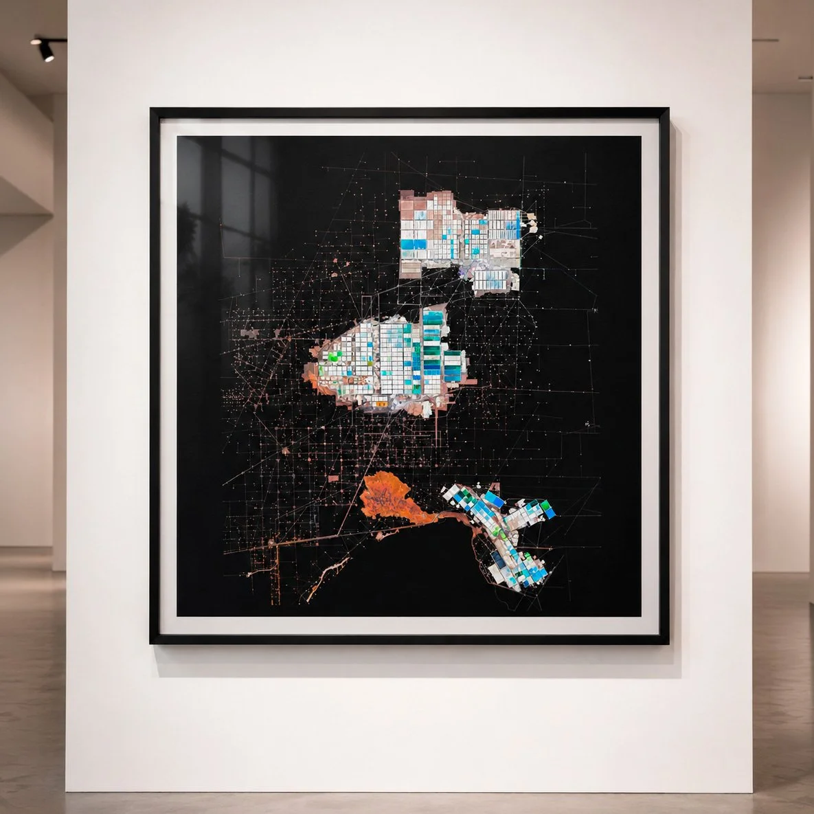 Ultradistancia Salar de Atacama Mine Artworks with black frame installed in a museum gallery