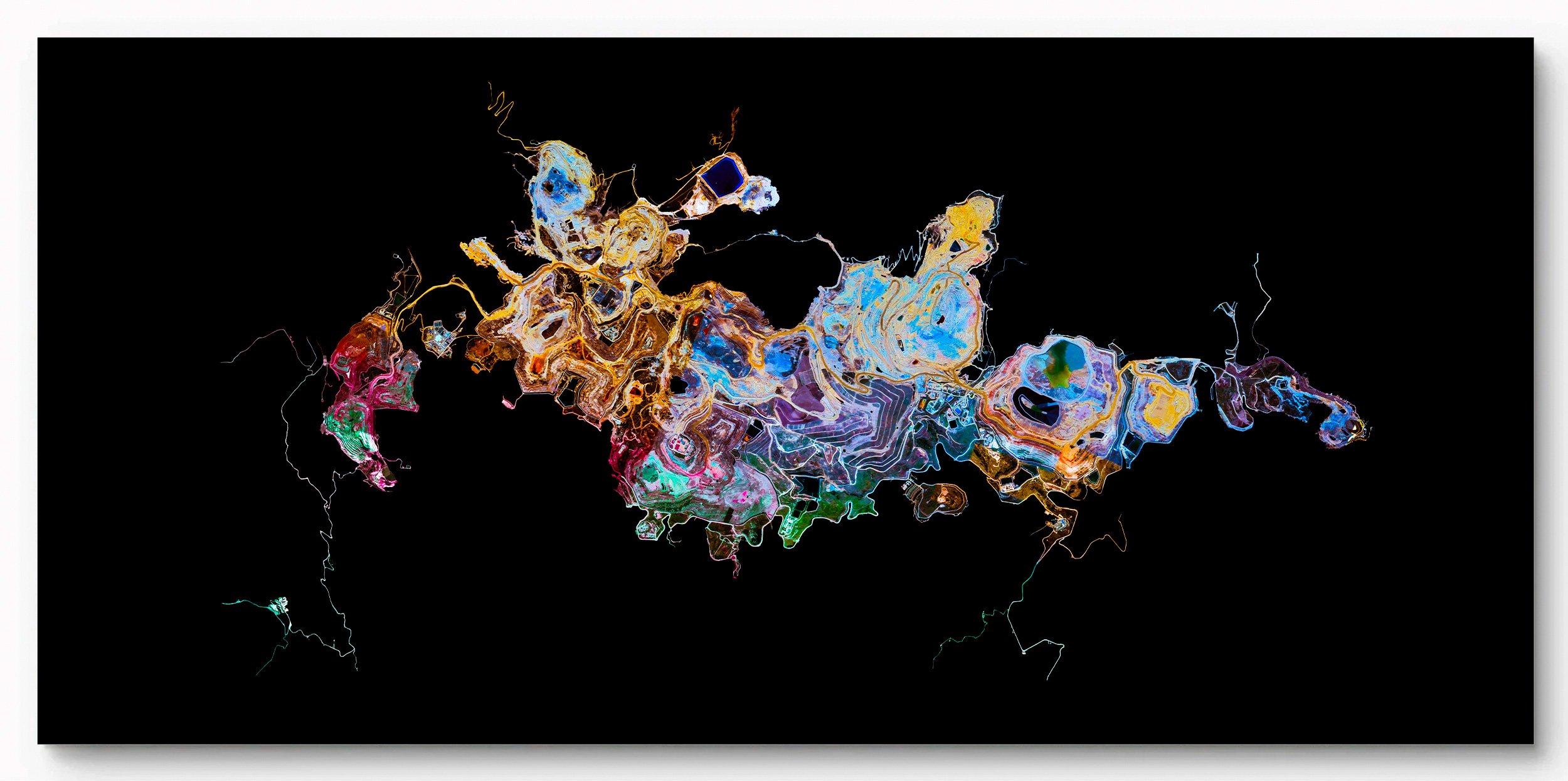 Ultradistancia Yanacocha Mine, Cajamarca, Peru — large-format satellite fine art by Federico Winer showing the mine as a luminous abstract composition of gold, blue, pink, green, and violet forms floating over a deep black background.